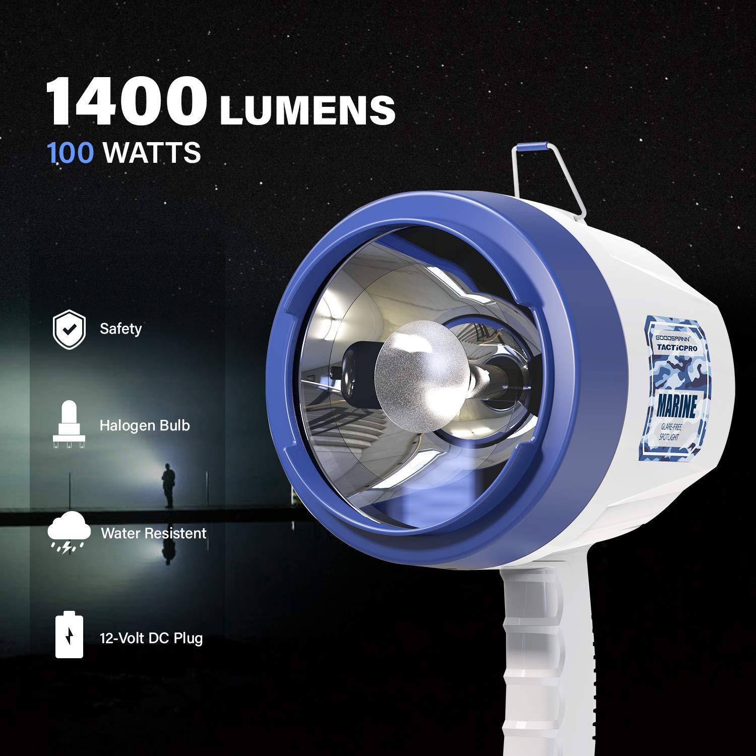 GOODSMANN Marine Spotlight Halogen 1400 Lumen 12V DC Handheld Model 9924-H202-01 Blue & White
