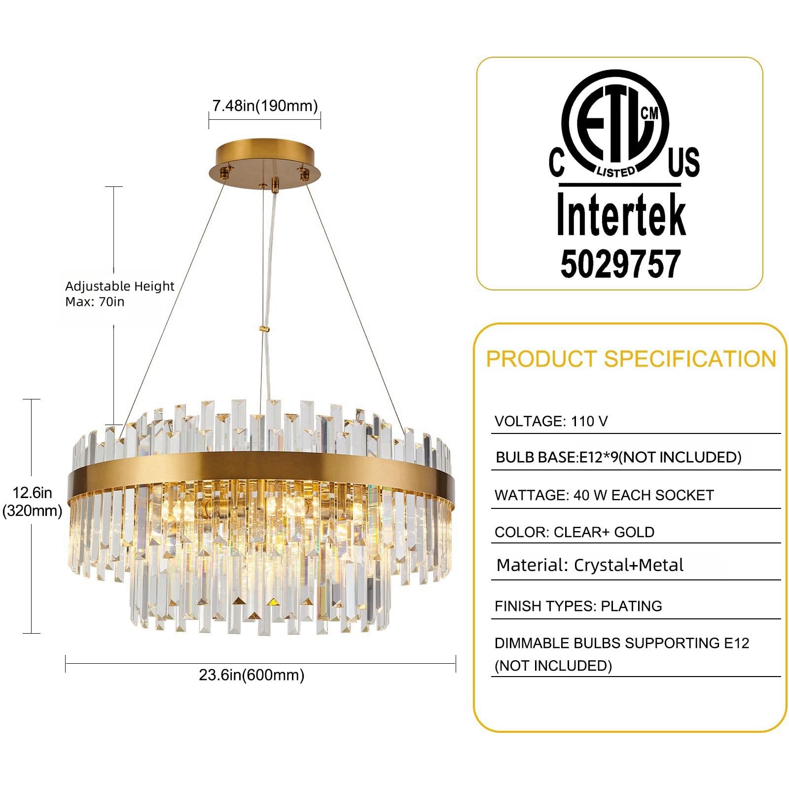 PAFEE 24" Modern 9-Light Gold Crystal Chandelier Pendant Light Fixture for Dining Room, Living Room, Kitchen, Bedrooms - Model BK2812-G600