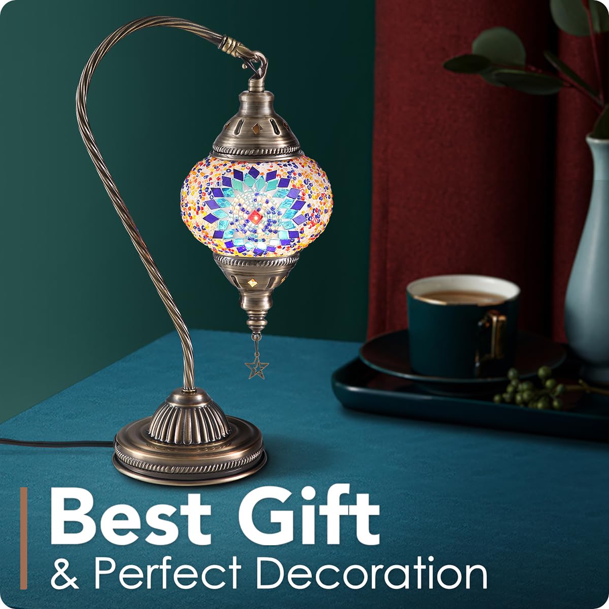 Yarra-Decor Turkish Moroccan Lamp, Handmade Tiffany Mosaic Glass, 1-Pack, Blue1, Bronze Base, LED Bulb Included