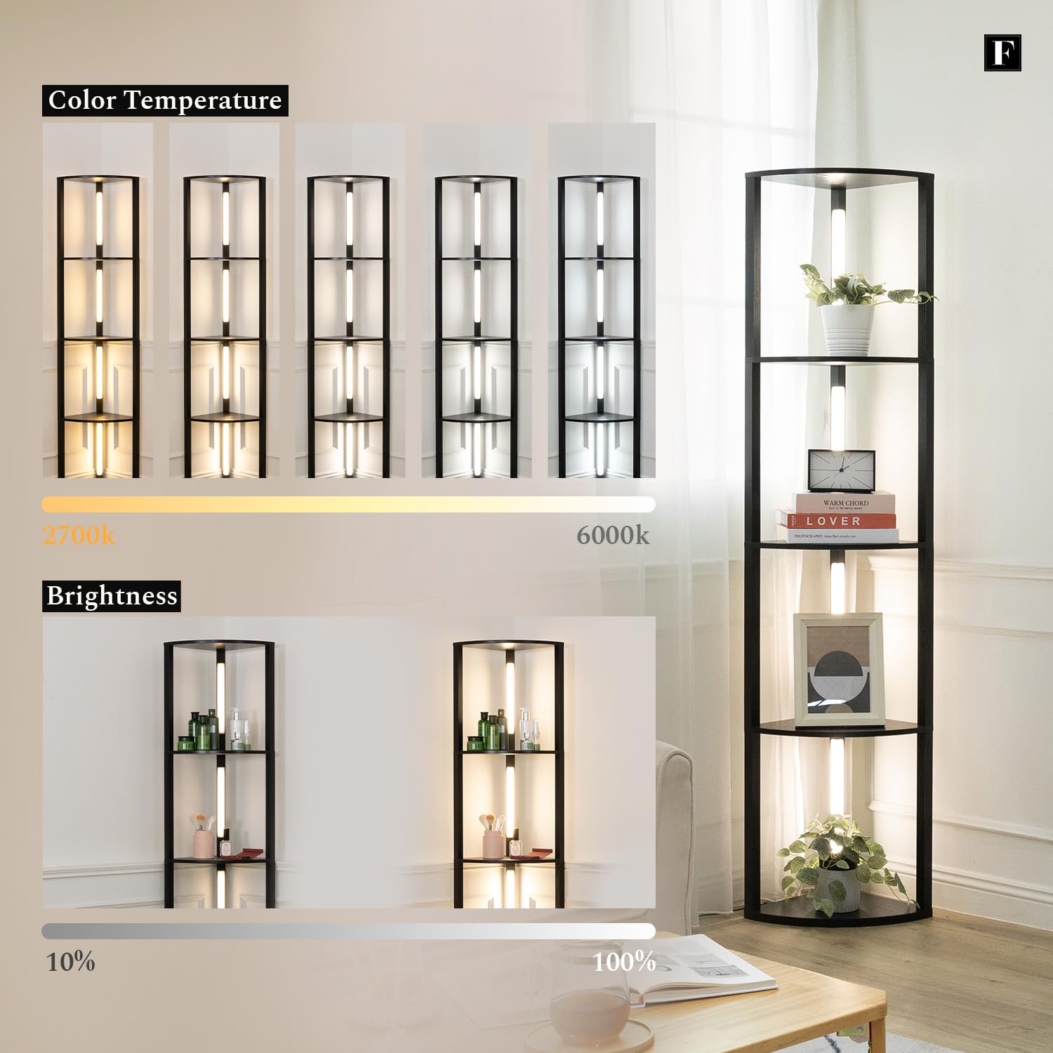 Fenlo Dimmable Led Corner Floor Lamp With Shelves, Corner Shelf Floor Lamps For Living Room, Led Corner Display Shelf With Light