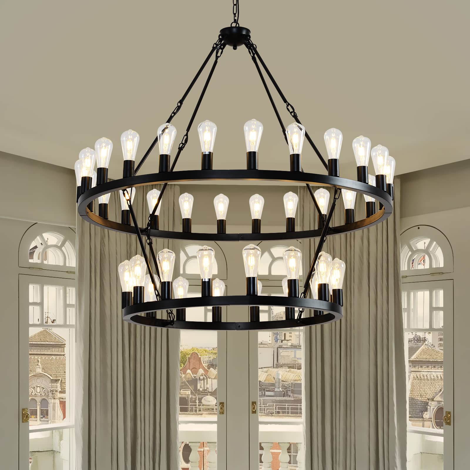 Viksroeo 48&quot; Black 40-Light 2-Tier Wagon Wheel Chandelier For Dining & Living Room