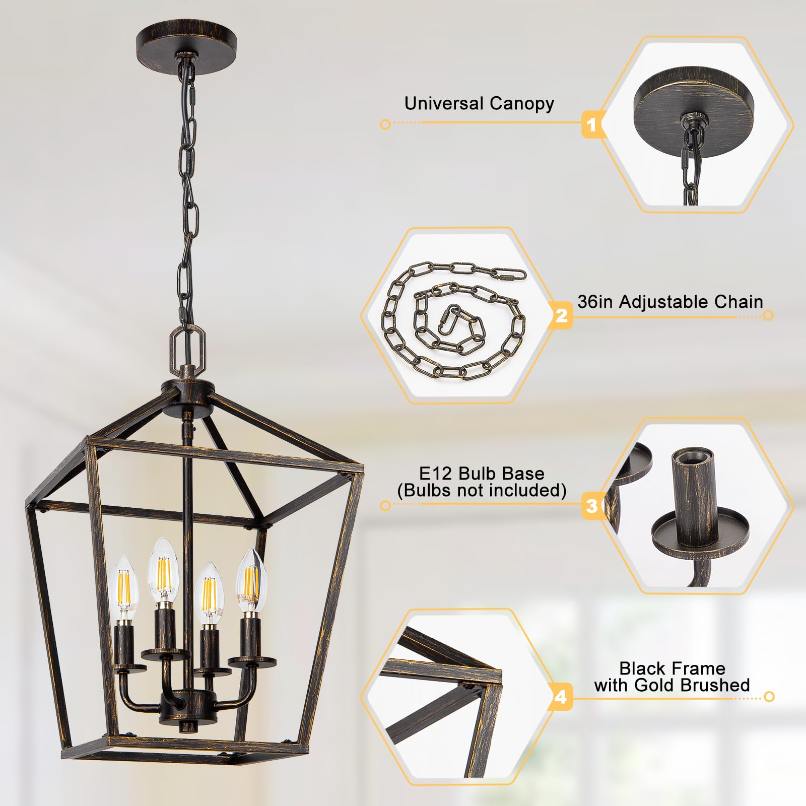 4 Light Chandelier Lighting, Industrial Ceiling Light Black Lantern With Brushed Gold, Geometric Metal Hanging Light Fixture Wit
