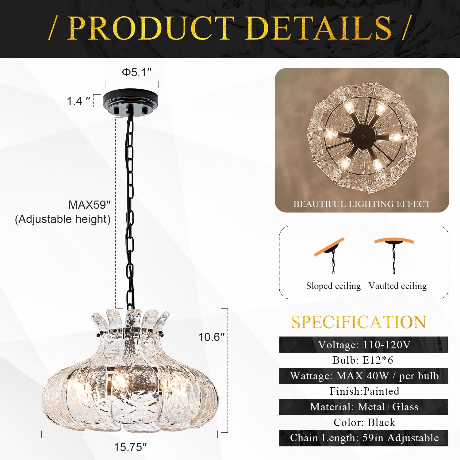 Poemoon 6-Light Black Glass Chandelier, 15.7" Water Ripple Pendant Lighting for Dining Room, Kitchen, Entryway, Model P52-400B1