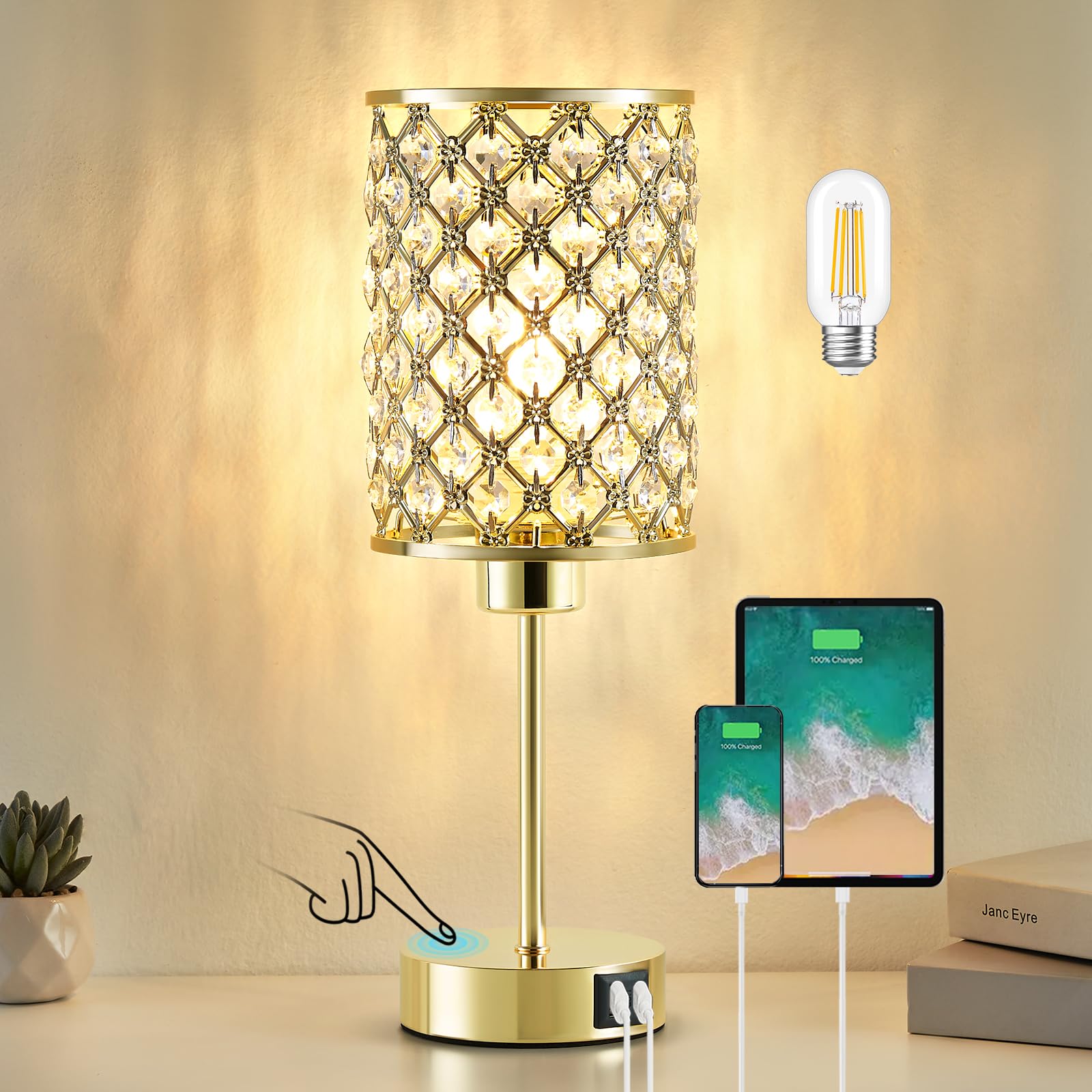 Crystal Table Lamp, Gold Touch Lamp for Nightstand with USB C+A Ports, 3 Way Dimmable Lamp with Crystal Shade, Bedside Lamp Smal
