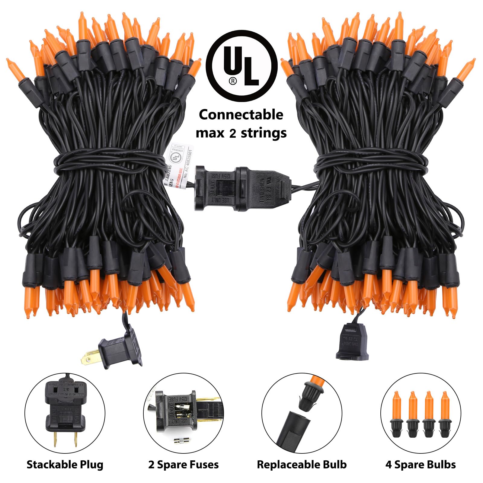 Toodour 300 Count Orange Halloween String Lights, 77Ft Incandescent Mini Bulbs, Ul Certified For Indoor/Outdoor Decor, Black Wire