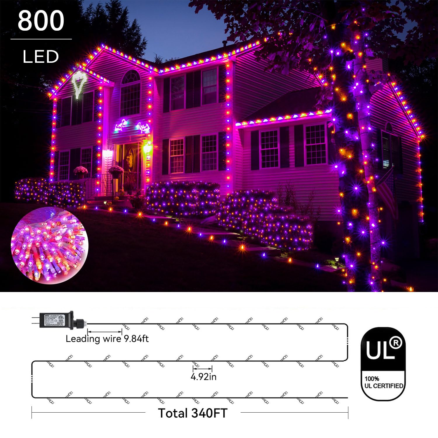 ZHOUDUIDUI Halloween String Lights, 800LED 330FT, Waterproof, 8 Modes, Purple and Orange, Indoor/Outdoor, Model JT-EL/FC300V0200