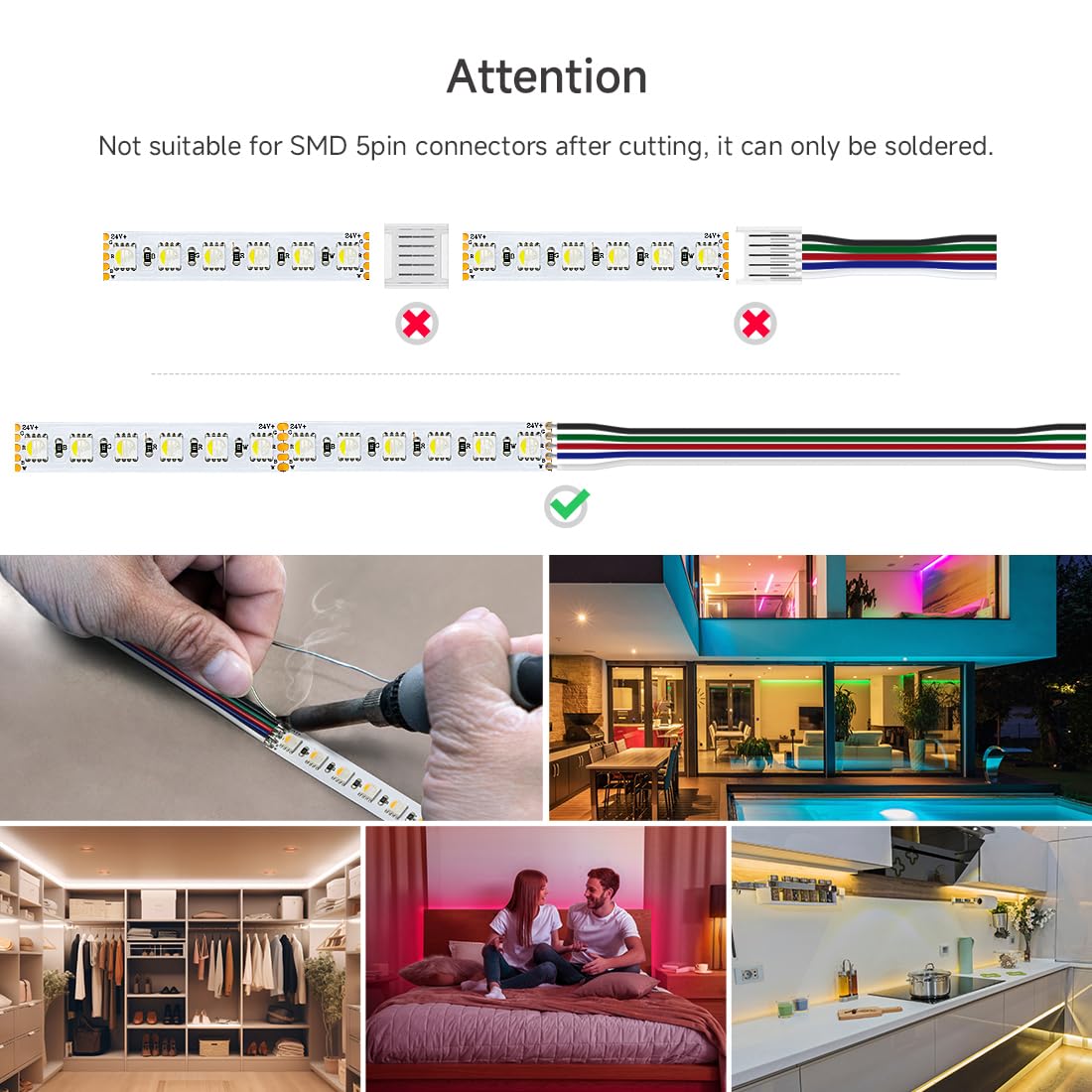 BTF-LIGHTING 5050 RGBW LED Tape Lights, 5m, IP65 Waterproof, White PCB, RGB+Cool White, Model 24VRGBCW45M505096