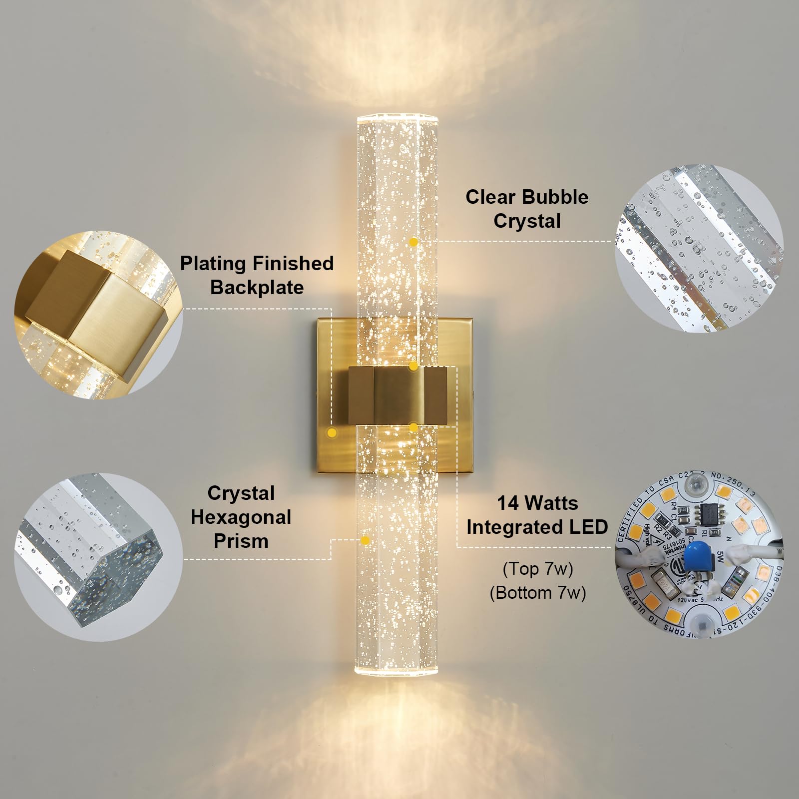 Epinl Wall Sconces Set Of Two - Gold Sconces Wall Lighting 14W Dimmable Led Crystal Bathroom Light Fixture With Bubble Glass 15.