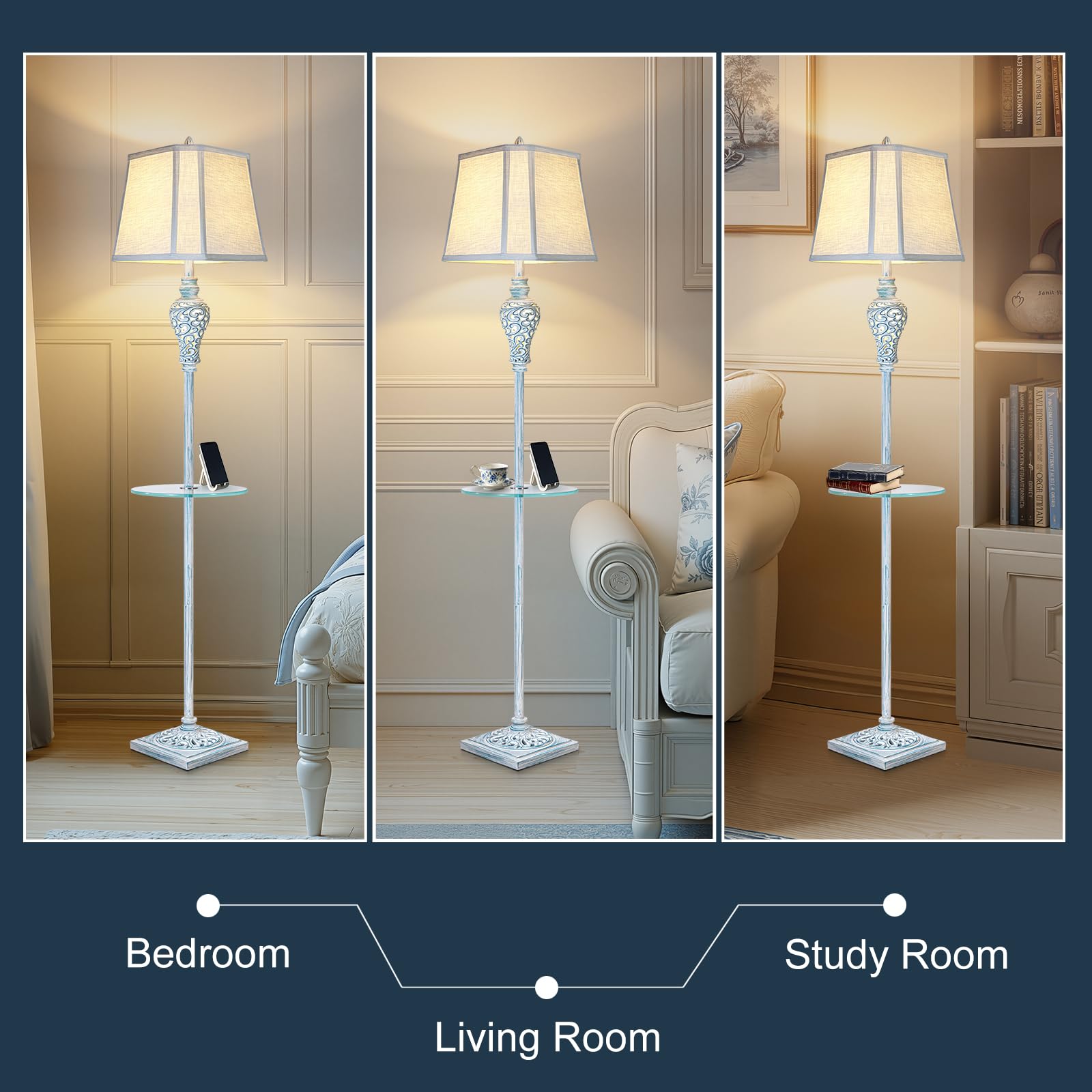 Vintage Floor Lamp With Night Light And Glass Tray, 65'' High Retro Standing Lamp With Washed Blue Finish And White Linen Shade,