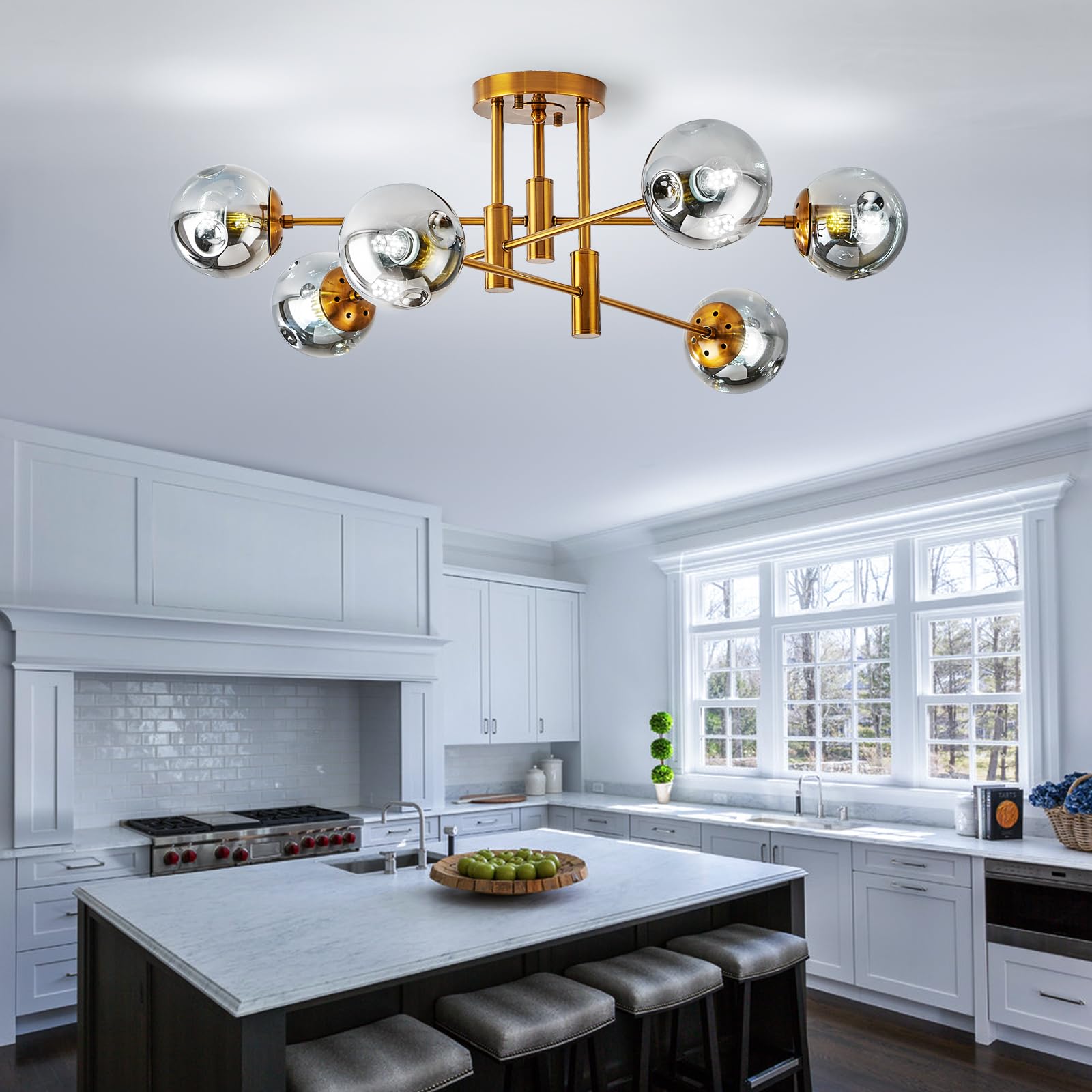 DDLLDESHI 6-Light Gold Chandelier - Modern Sputnik Ceiling Light Fixture, 34" Smoke Bubble Design for Dining Room and Living Room Decor