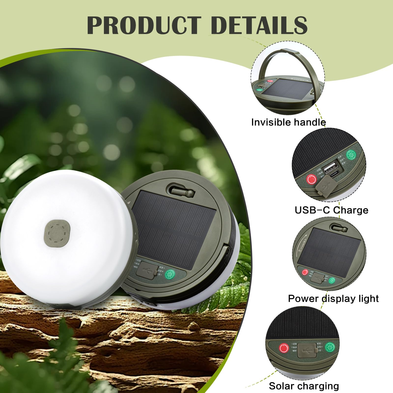 Sutaig Solar Camping String Lights - 4 in 1 Lantern, 8 Modes, 32.8Ft, Waterproof, Type-C Fast Charging, Portable for Outdoor Use