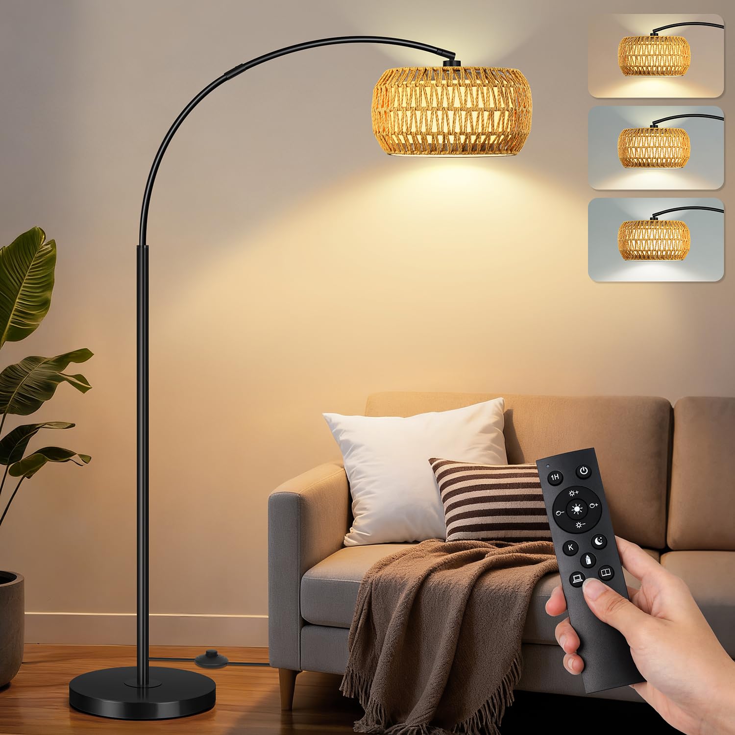 Arc Floor Lamp for Living Room, Rattan Boho Floor Lamp with Remote Control, Black Standing Lamp with 3 Color Temperatures & Dimm