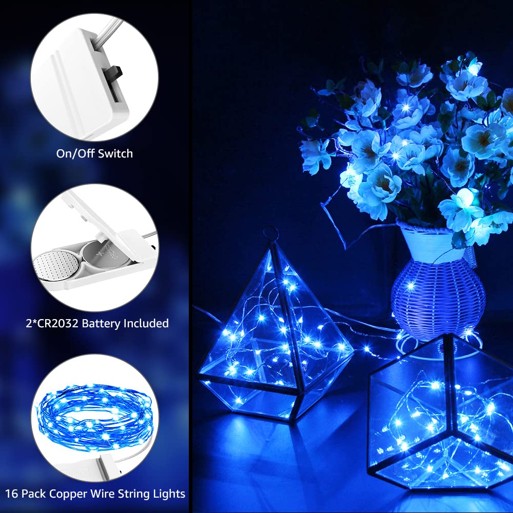 Olafus Blue Fairy Lights, 16 Pack Battery Operated, IP68 Waterproof, 7ft LED String Lights for Wedding, Party, Home Decor