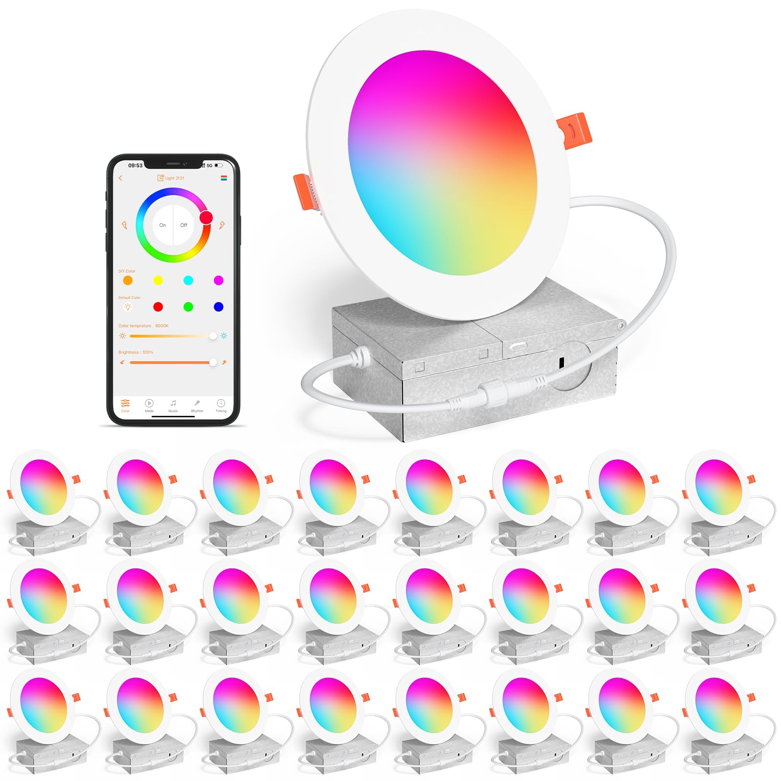 SikSog 12W RGBCW LED Downlight 4 Inch, 24 Pack, Dimmable, 1000 Lumen, Aluminum, Compatible with Alexa