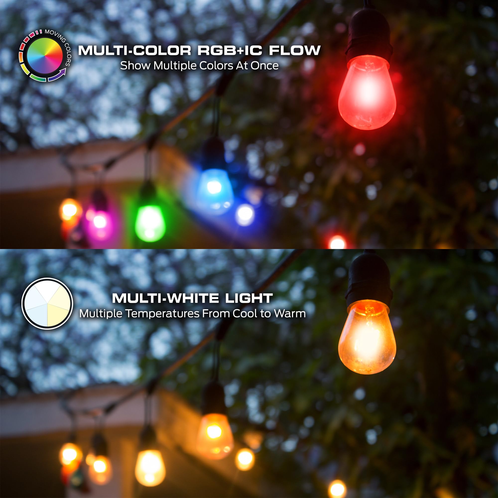 Monster 24ft Premium Outdoor Smart RGB+IC+WW String Lights - 12 Dimmable LEDs, Sound Reactive, Weather Resistant, Compatible with Alexa & Google Home
