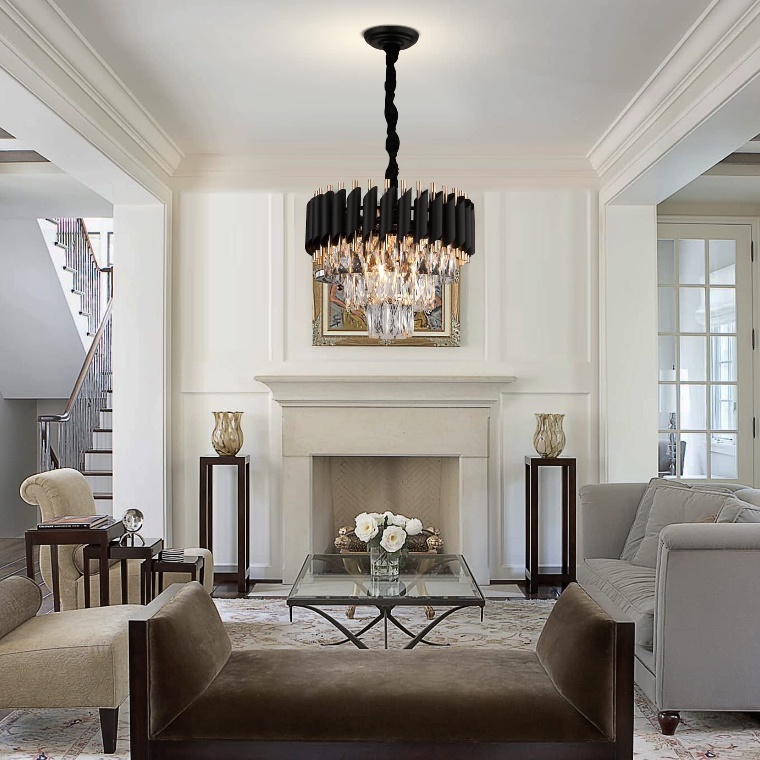 A AXILIXI Modern Crystal Chandelier 3-Tier 16" Flush Mount Black & Gold Dimmable Lighting for Living Room, Dining Room, Kitchen