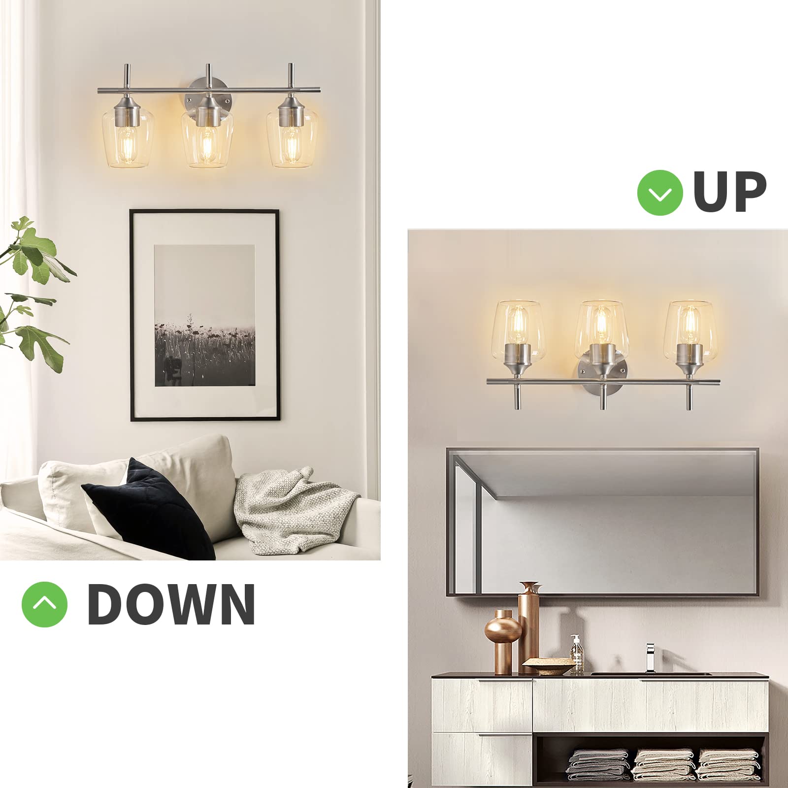 Foucasal 3-Light Bathroom Light Fixture, Brushed Nickel Vanity Lamp, Model ULB0046H-2 for Mirror, Kitchen, Bedroom, Hallway