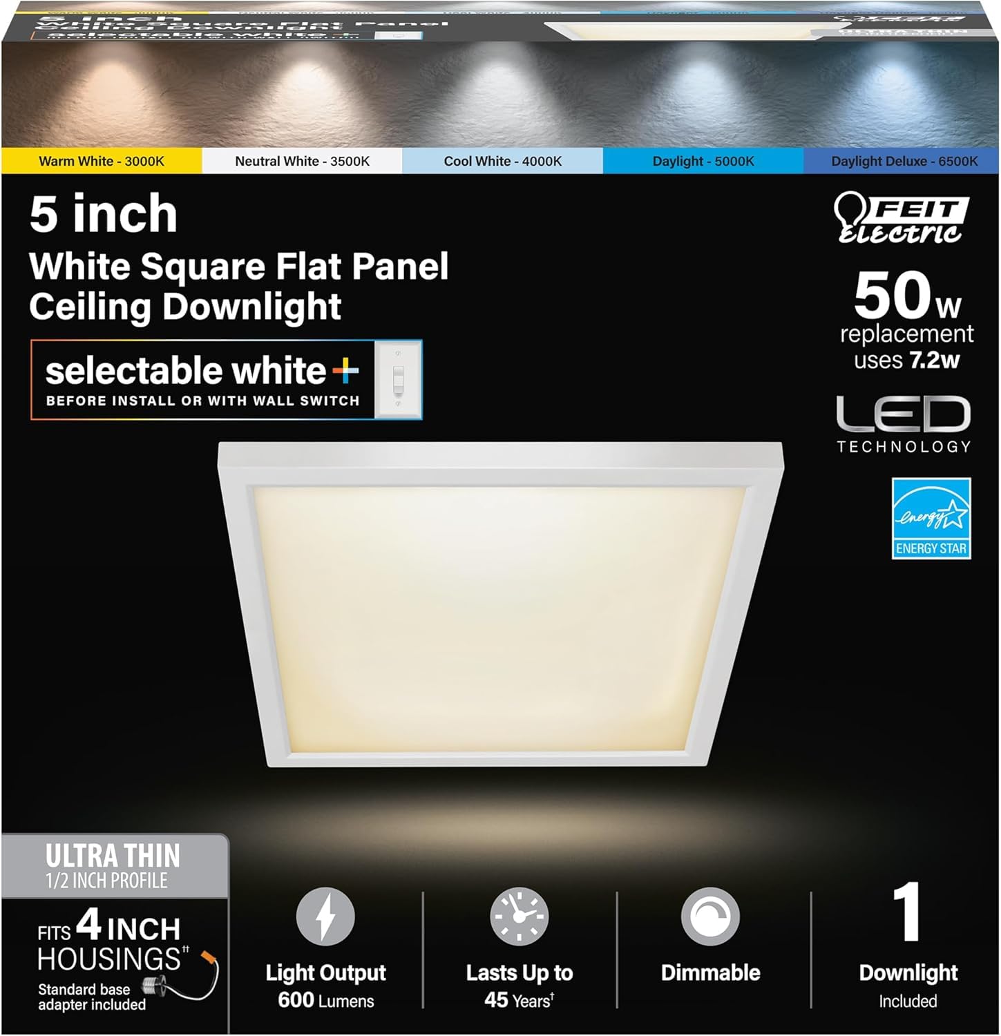 Feit Electric 5 Inch LED Square Ceiling Light, Dimmable Flat Panel Ceiling Light with Color Selection (5CCT), Fits 4 Inch Recess