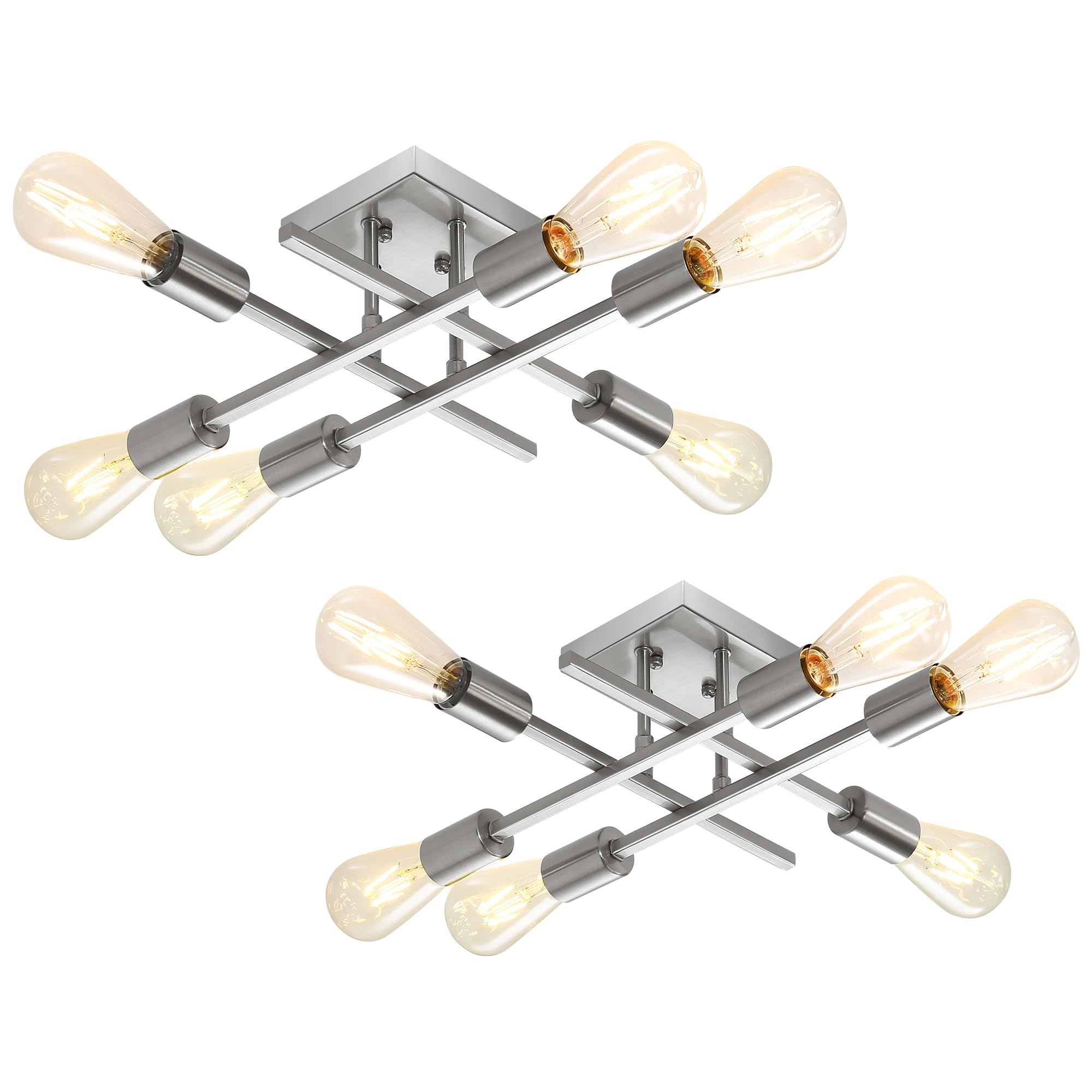 Eidonta 6-Light Semi Flush Mount Ceiling Light Fixture, 2 Pack Modern Brushed Nickel Sputnik Chandelier Lighting, Farmhouse E26 