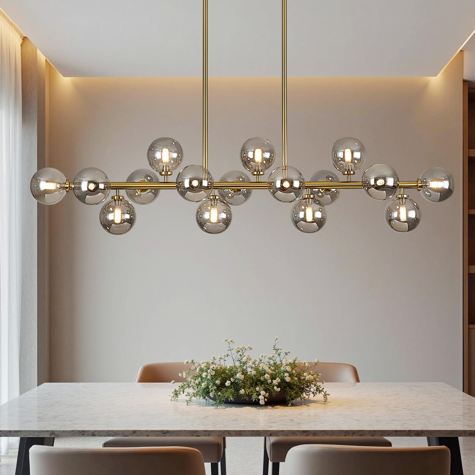PiWWPi 55 Long Brass Gold Chandeliers for Dining Room Kitchen Island, Large Globe Sputnik Linear Chandelier, 16 Lights Mid Centu