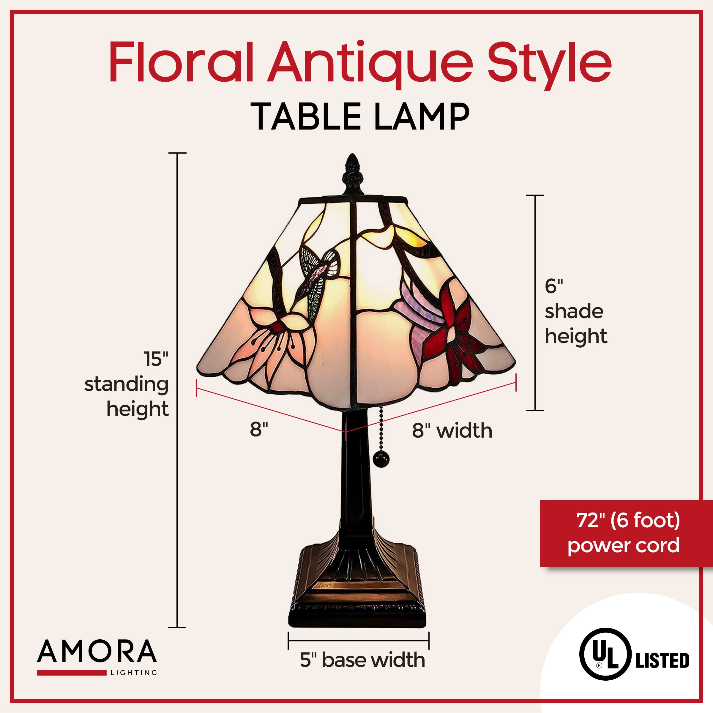 Amora Vintage Tiffany Table Lamp - 15” Stained Glass Nightstand Light - Multicolor Floral Design - Model AM211TL08B
