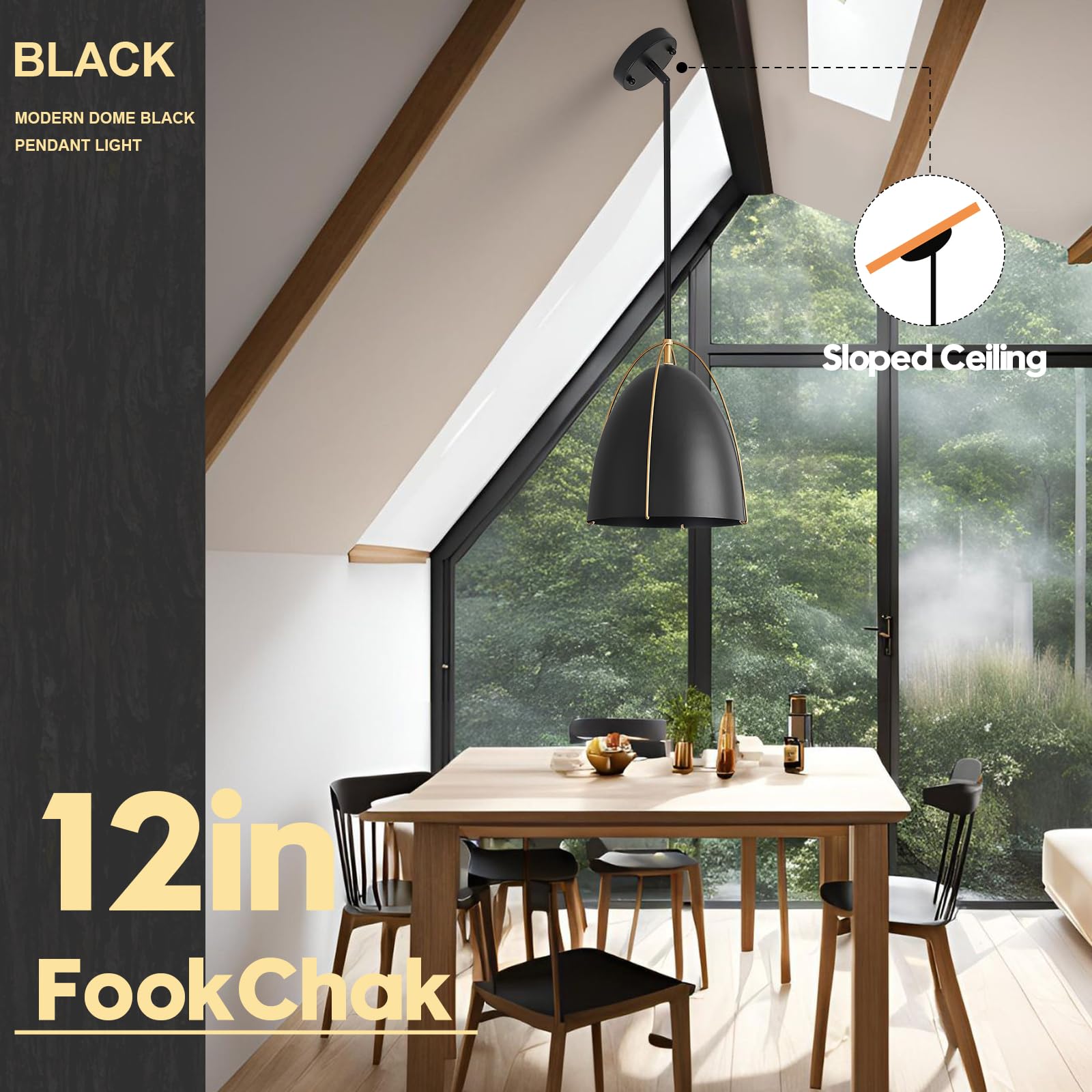 Fookchak Black Dome Pendant Light 3-Light Large Pendant Light Fixture 12In Black Gold Pendant Lighting For Kitchen Island Dining