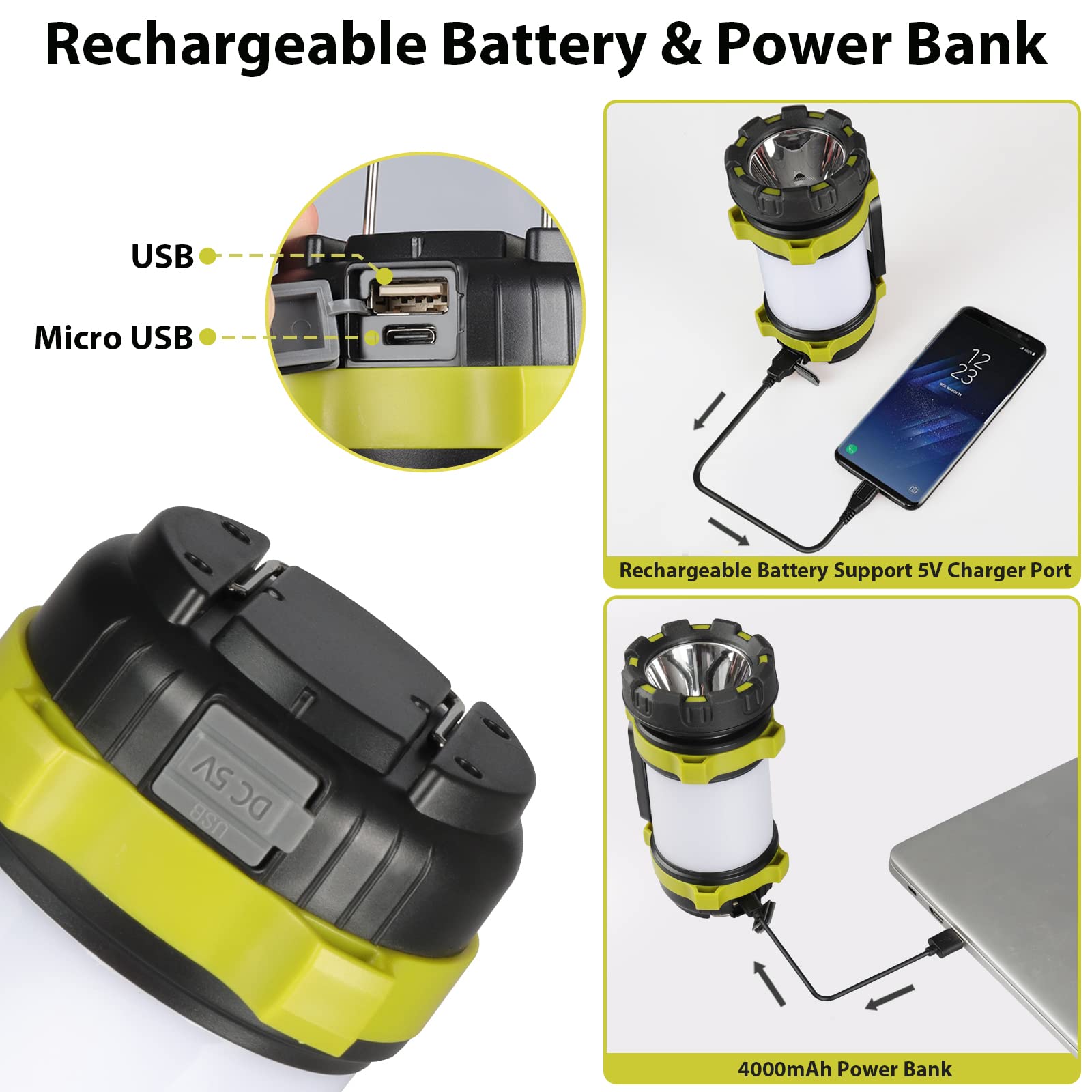 BOBKID Camping Lantern - LED Rechargeable Light, 1000LM, 6 Modes, 4000mAh Power Bank, IPX5 Waterproof, Green, 1 Count (Pack of