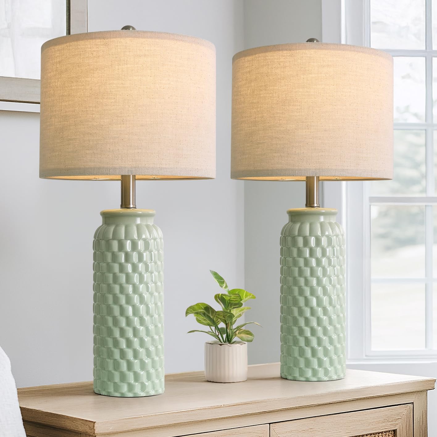 Usumkky 24'' Modern Ceramic Green Bedside Lamp Set Of 2 Table Lamp For Bedroom Decor Farmhouse Table Lamp For Living Room Office