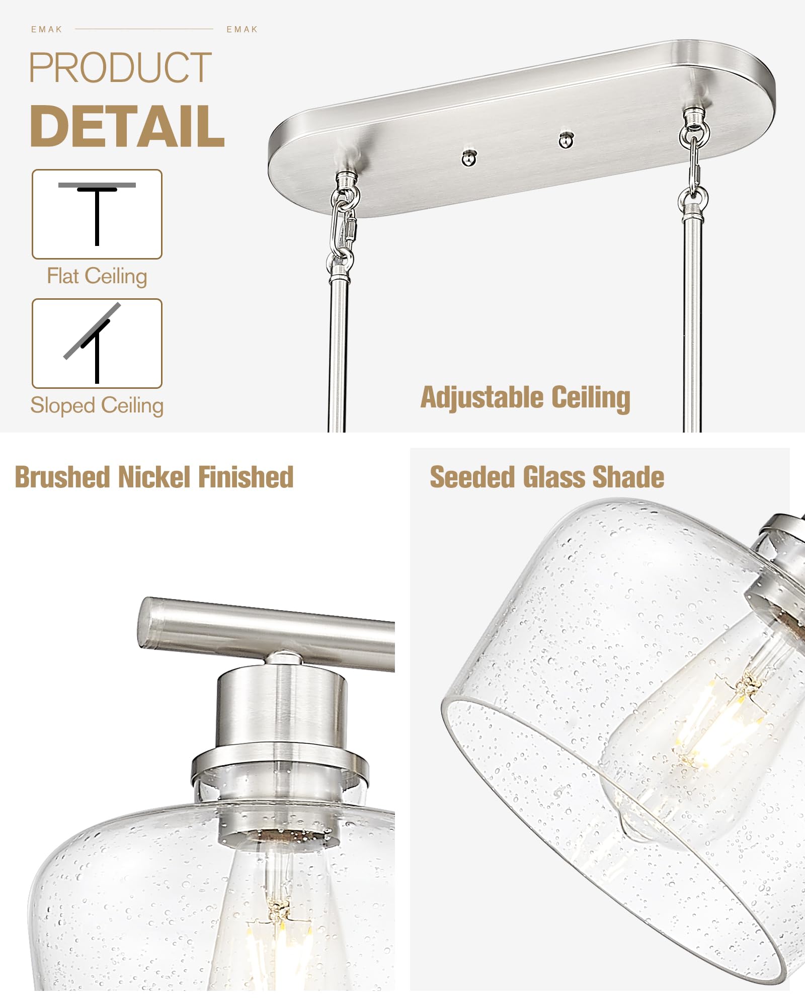 Emak 32 Inch Dining Room Light Fixtures Over Table, Brushed Nickel Kitchen Island Lighting With Seeded Glass Shade, 3-Light Line