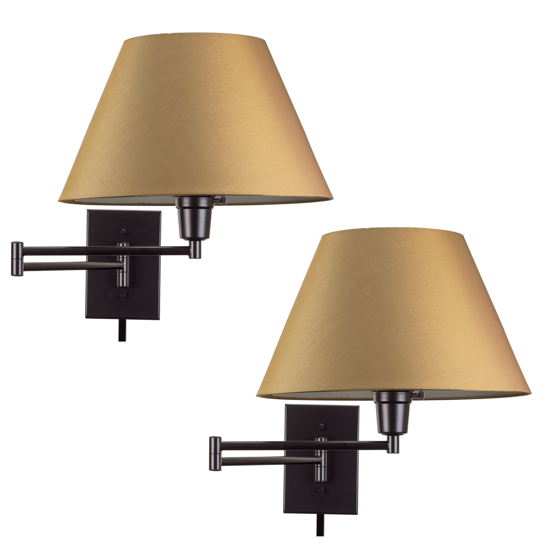 Kira Home 15in Swing Arm Wall Lamp - Plug-in/Wall Mount, 150W 3-Way, Metal, Black Finish, Golden Bronze Shade, Model RV-W7489-BK