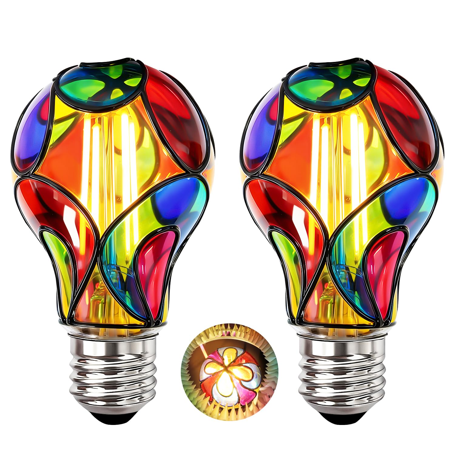 KINDEEP Stained Glass Light Bulb: Colored Light Bulbs Indoor, Amber Memory Style Colorful Light Bulb, A19 4W E26 LED Bulb 40W Eq