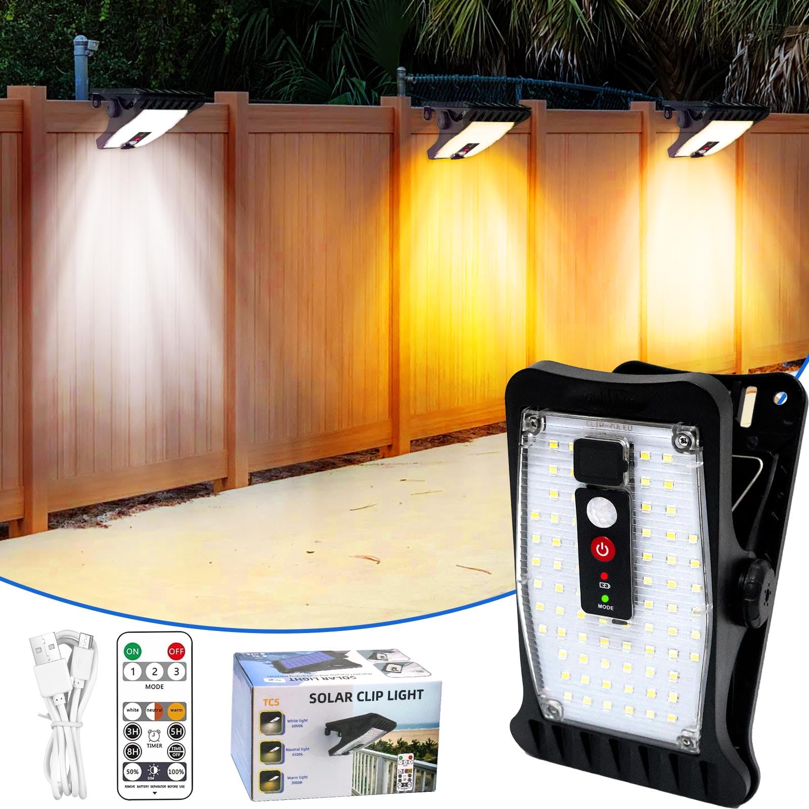 SUNOHE Clip on Solar Motion Sensor Lights Outdoor Waterproof with 70 LEDs, 3 Color Temperature, USB & Remote Control, Solar Powe