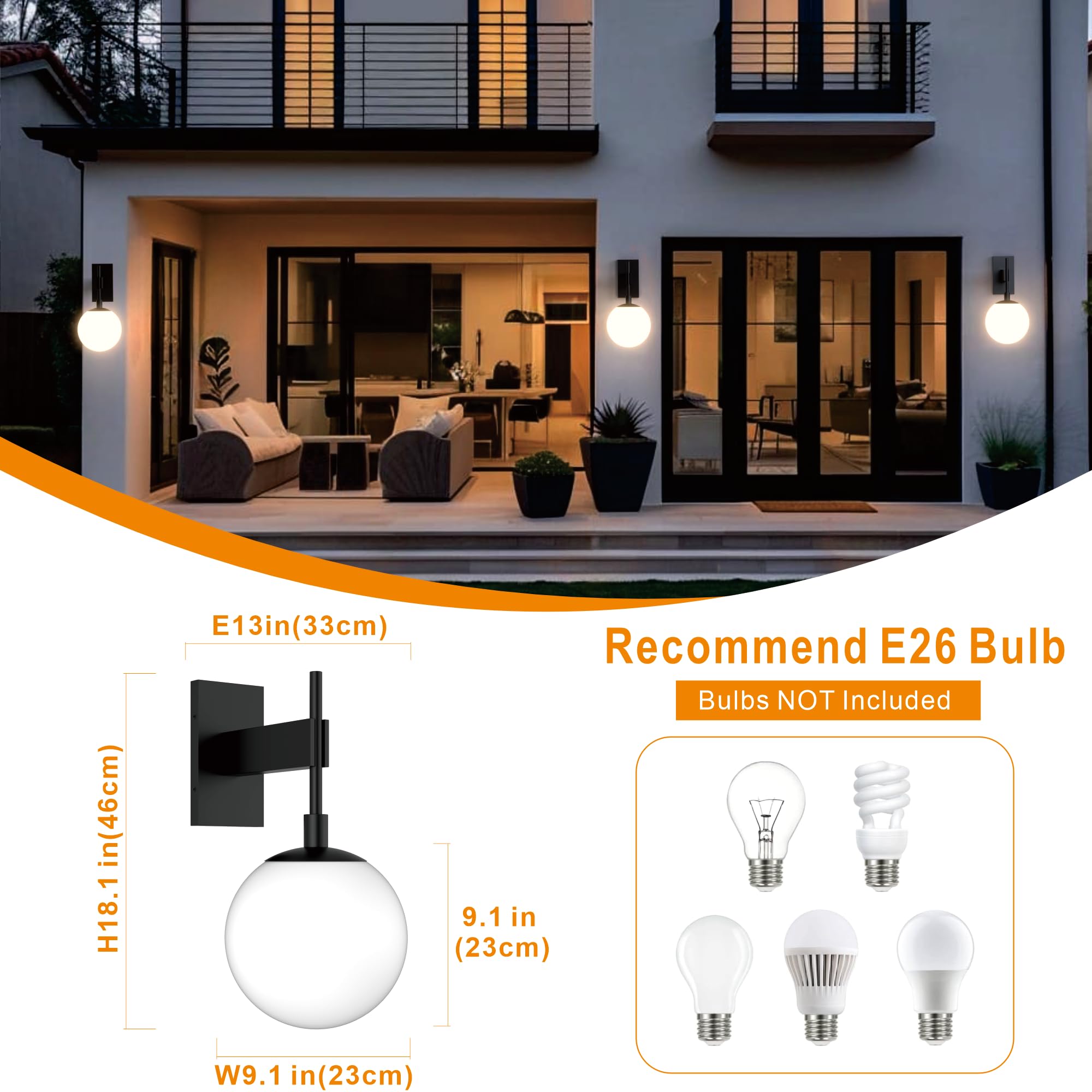 Hyunbae Outdoor Wall Sconce - 18.9" Waterproof Exterior Light Fixture, Large White Globe Glass for Porch, Model HY-ROUND1