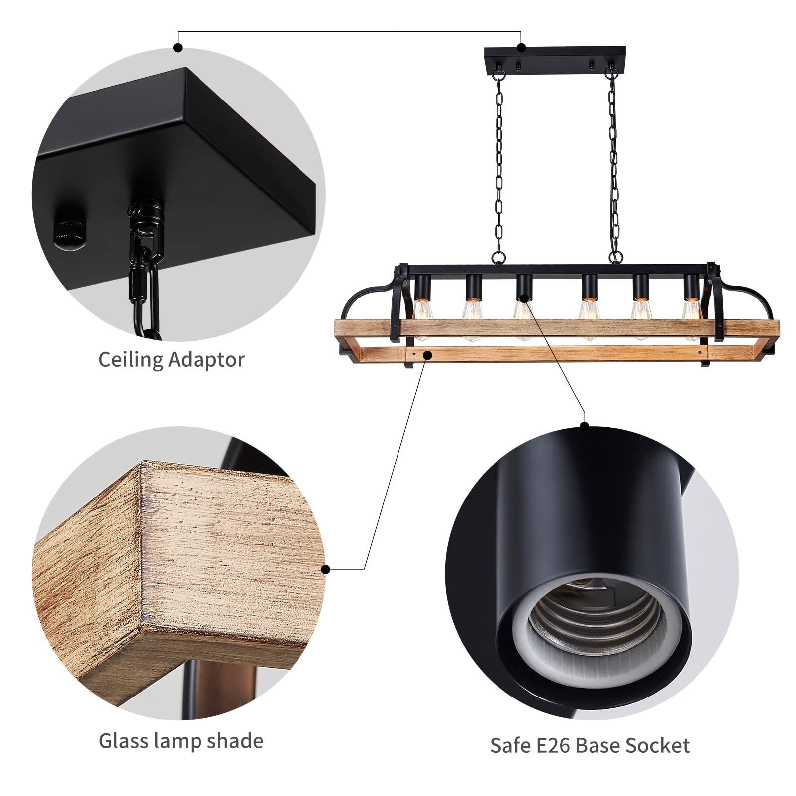 Wuzups 6-Light Metal Pot Hanging Rack Chandelier Imitation Light Wood Grain Linear Pendant Ceiling Lighting Rustic Farmhouse Fix