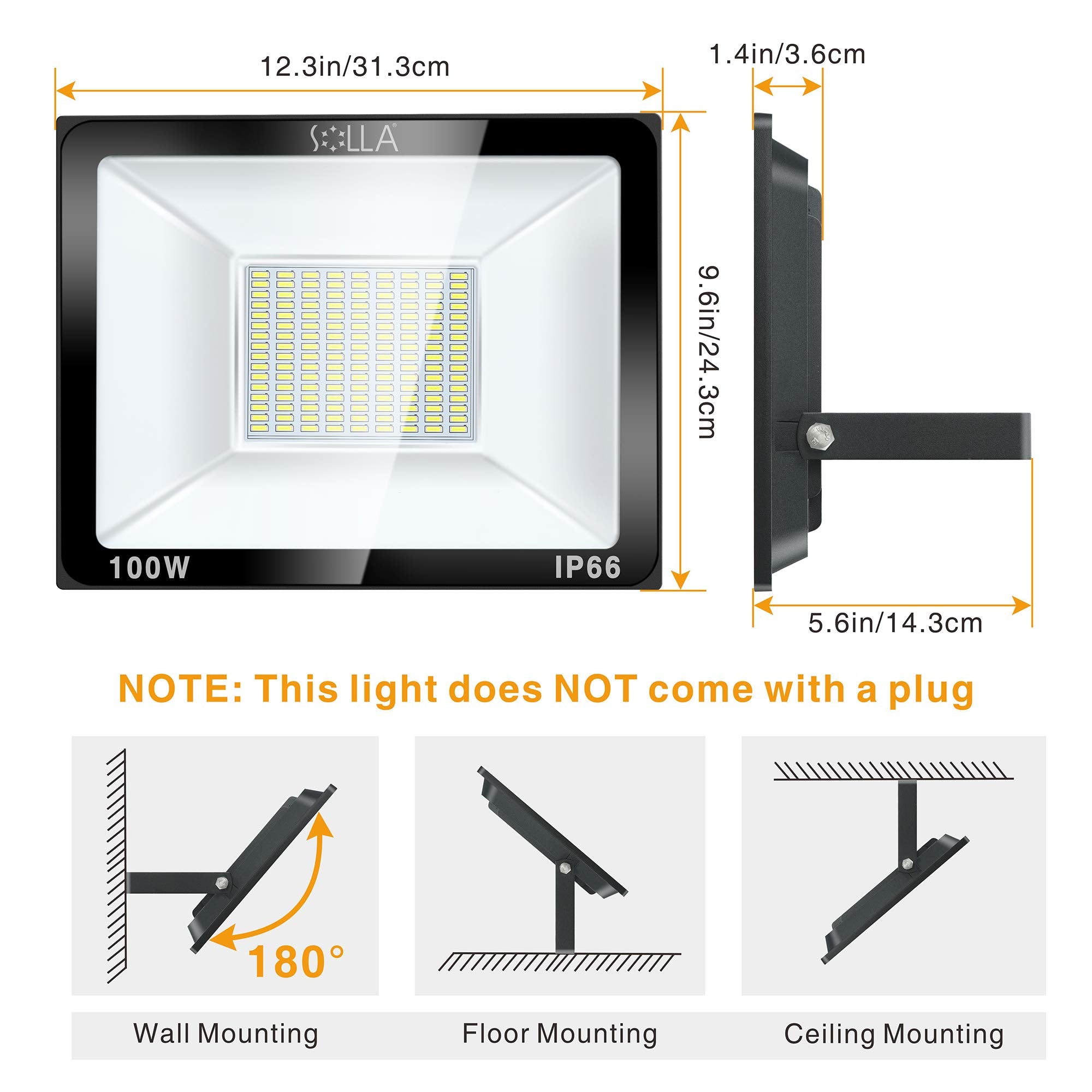SOLLA 100W LED Flood Light, 2 Pack, IP66 Waterproof, 8000lm, 3000K Warm White, Aluminum, Model 1909