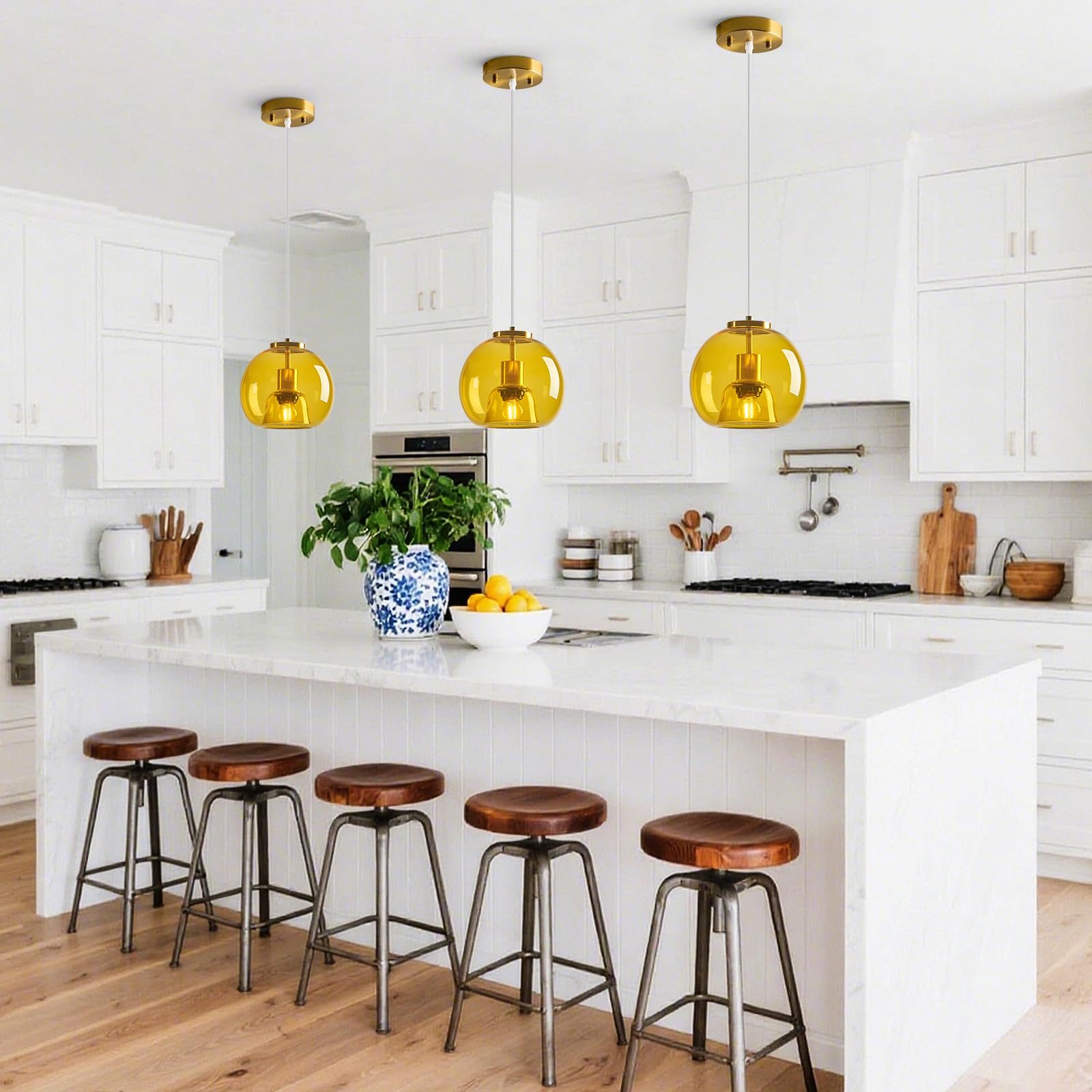 Lbsqj Yellow Glass Pendant Lights Kitchen Island Gold Hanging Light Fixture Glass Globe Pendant Light Modern Pendant Lighting For Kitchen Island Bedroom Dining Room (7.87  2 Pack)