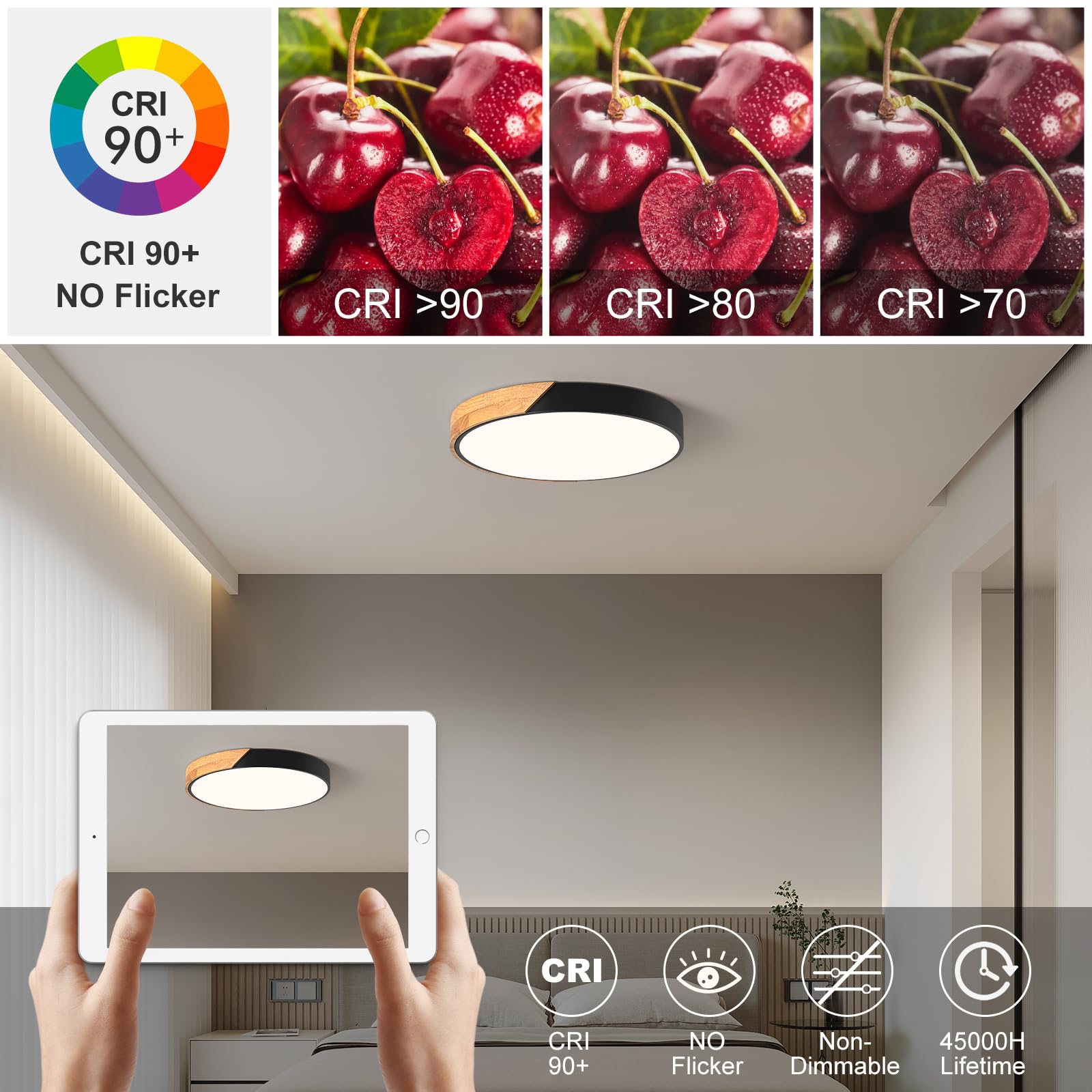 Vikaey Modern LED Ceiling Light Fixture, 15.8in Black Metal Circular Design, Not Dimmable, Acrylic Lampshade