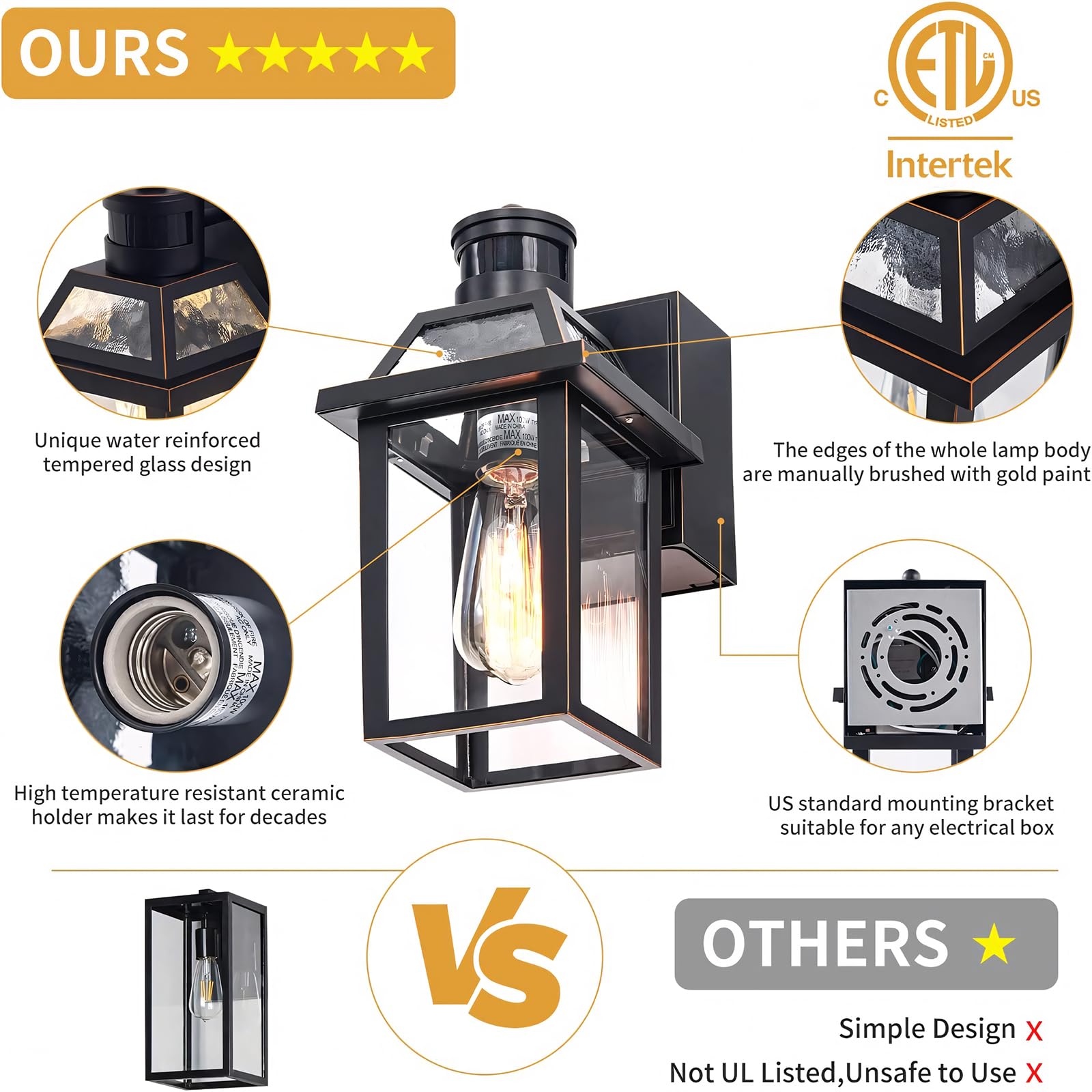 Yisuro Porch Lights with GFCI Outlet, Dusk to Dawn Motion Sensor, 2 Pcs Black