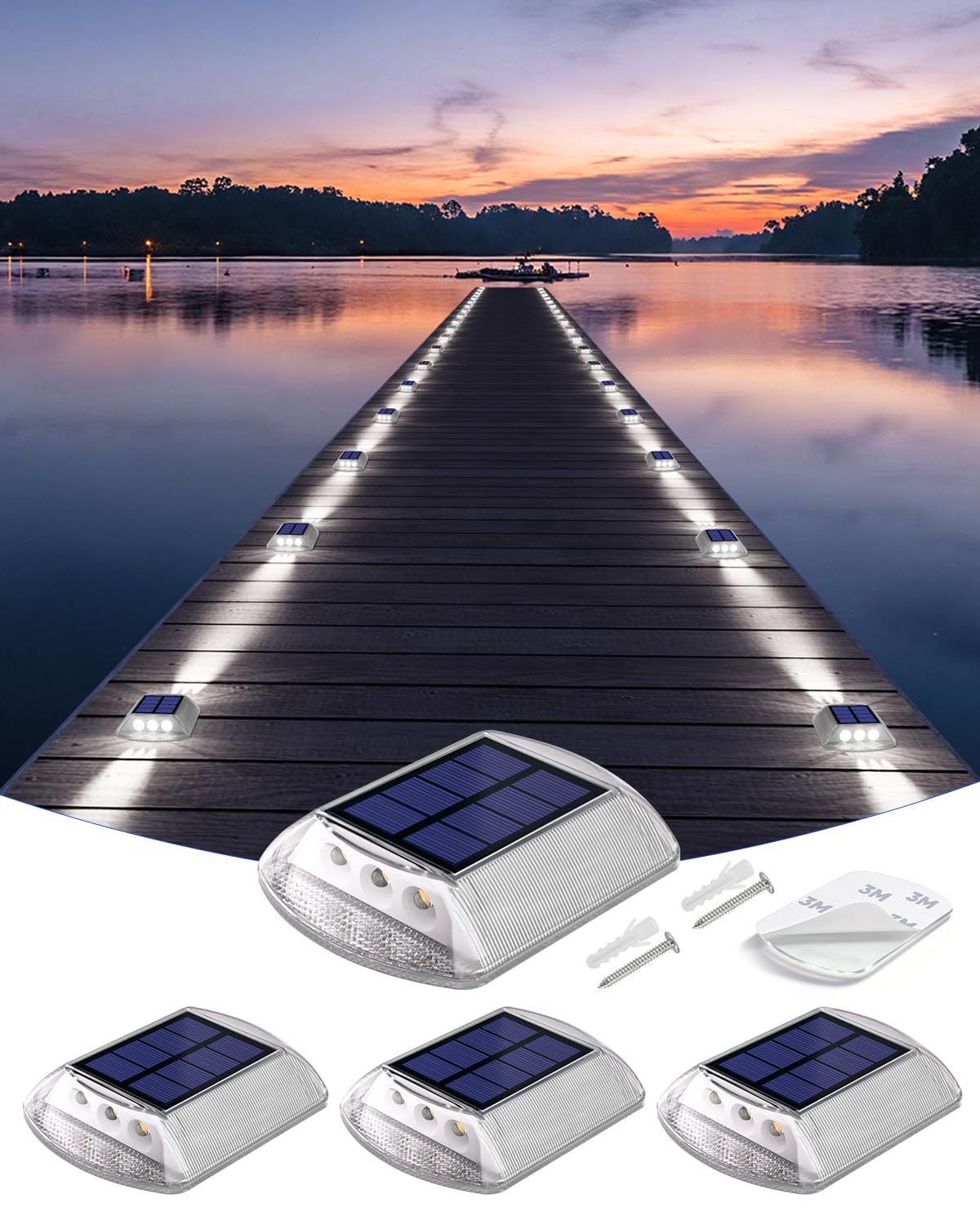 DetarZinLED Deck Lights Solar Powered, 4 Pack White Solar Pathway Driveway Light Outdoor IP68 Waterproof, Stick on & Screw Marke