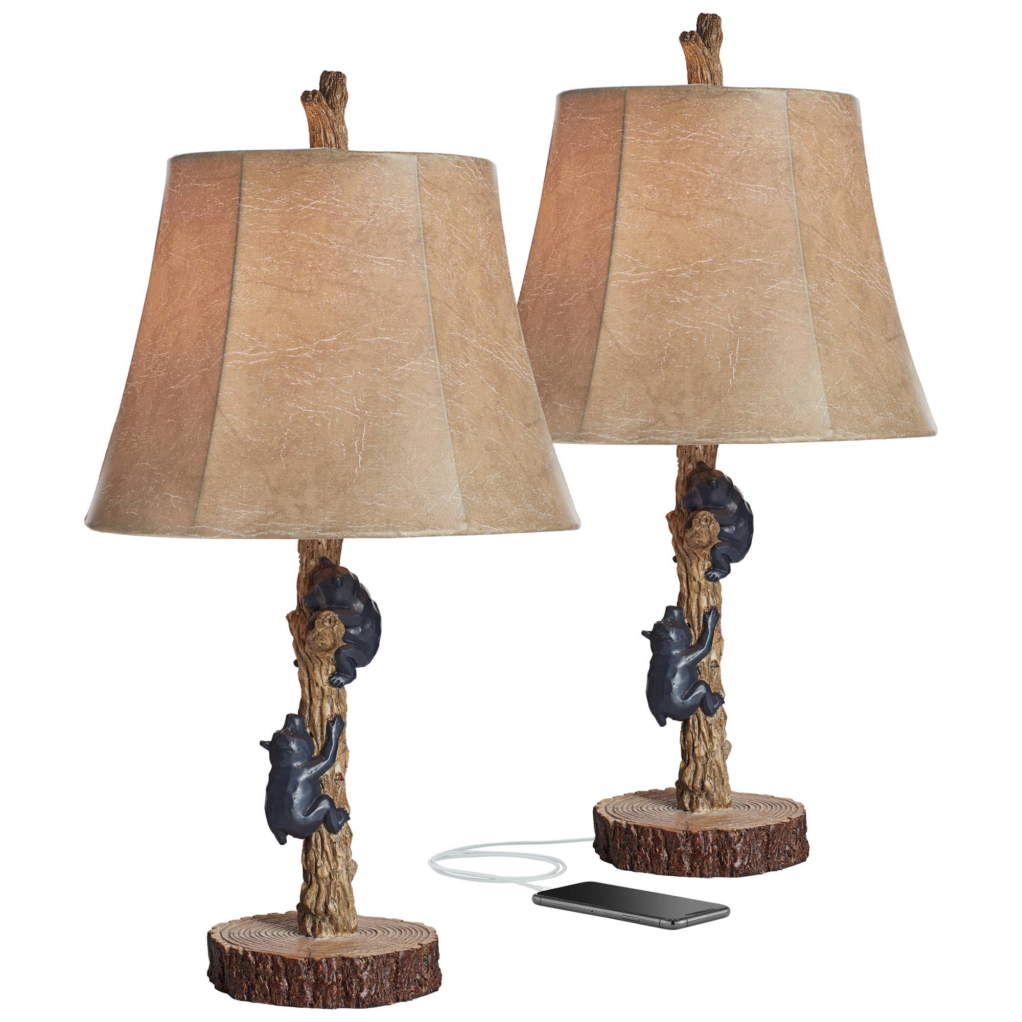 John Timberland Rustic Accent Table Lamps Set of 2, 22.5in High, USB Port, Brown Black Wood Finish, Model 81K44