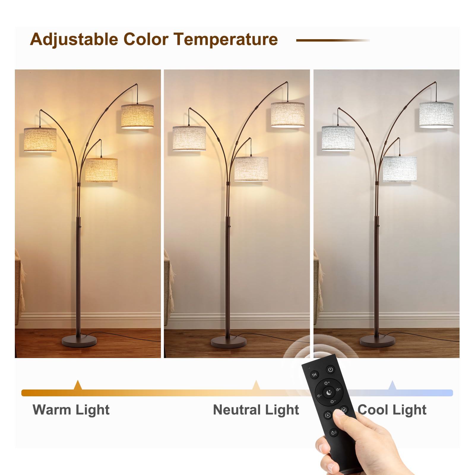 Fansdrick 3 Light Arc Floor Lamp, 80" Tall, Brown-Linen Shade, Super Bright 2400LM, Remote Control, Mid Century Design, Model NTL-02BR
