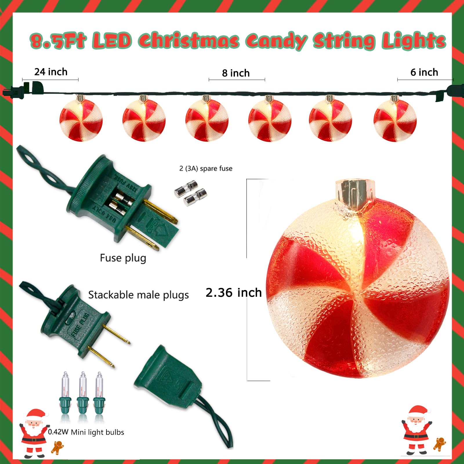 8.5Ft Christmas Candy String Lights Outdoor, 10 Led Christmas Red White Candy Corn Lights For Indoor & Outdoor Christmas Decorat