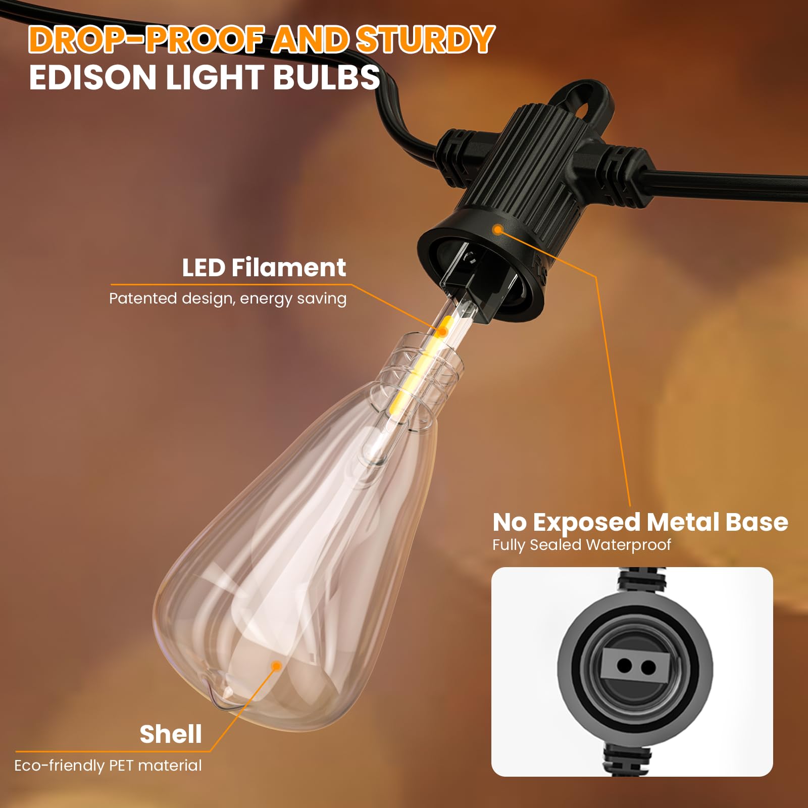 Kawaya Outdoor String Lights - 50FT Dimmable IP64 Waterproof LED Edison Lights for Patio, Black, Model YAST38-50FT-25US