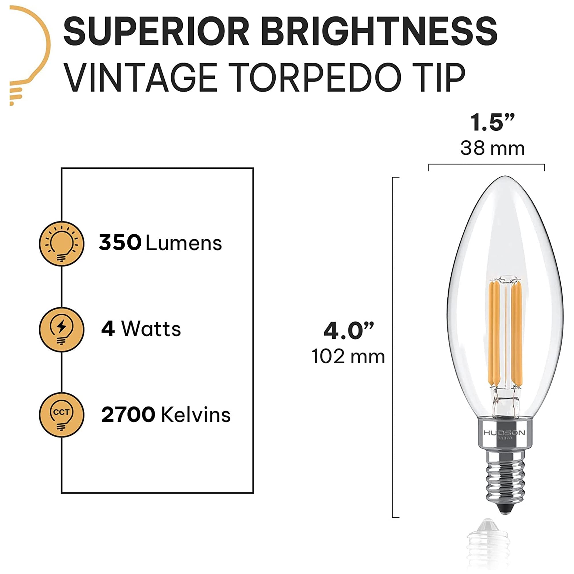 Hudson Bulb Co. Dimmable E12 Led Candelabra Bulb Set - 4W, 2700K Warm Light - 6 Count, Vintage Style For Chandelier And S