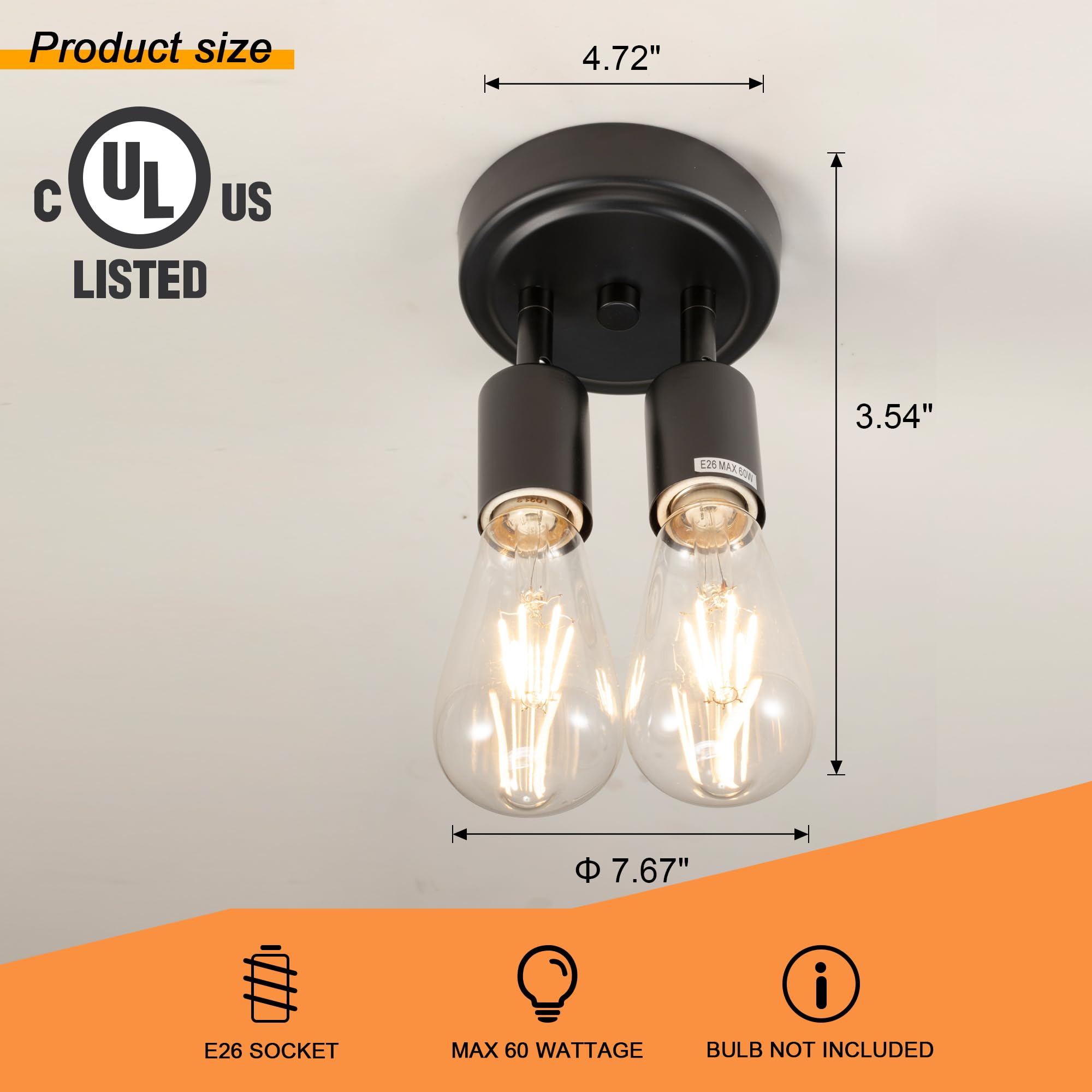 Edzemuwa Semi Flush Mount 2Light Ceiling Light Matte Black With E26 Base Modern Chandelier For Farmhouse Kitchen Dining Room Bed