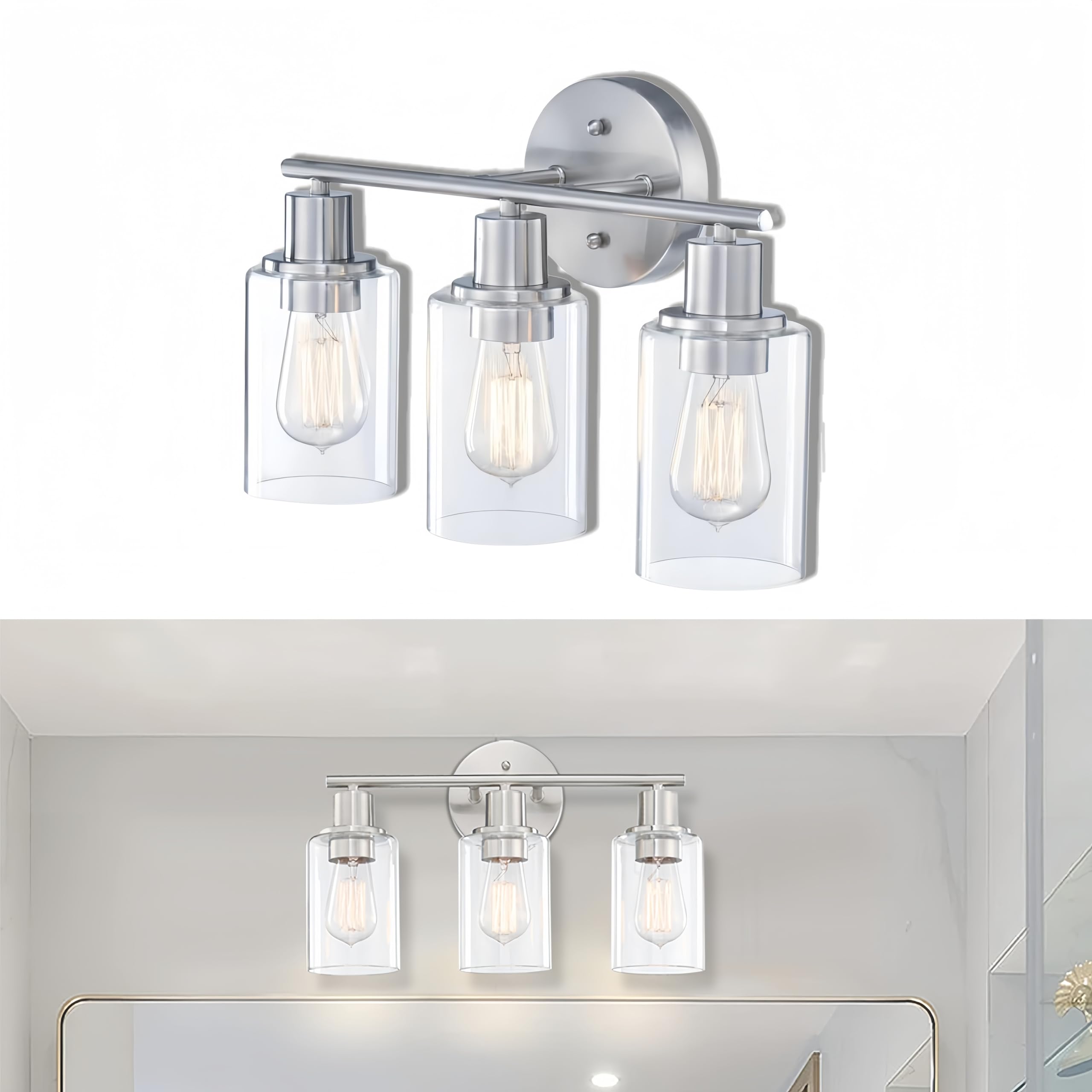Wisbeam 3-Light Brushed Nickel Bathroom Vanity Light With Clear Glass Shade, Bulb Not Included