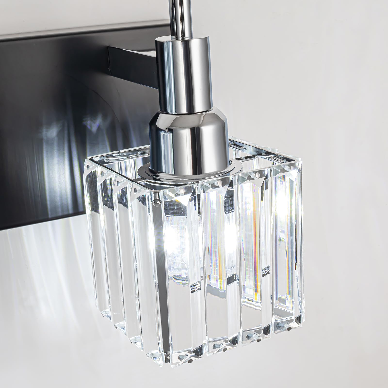 HUOKU Bathroom Vanity Lights, 5-Light Modern Crystal Wall Light, Black Chrome with Square Shade, Metal and Crystal