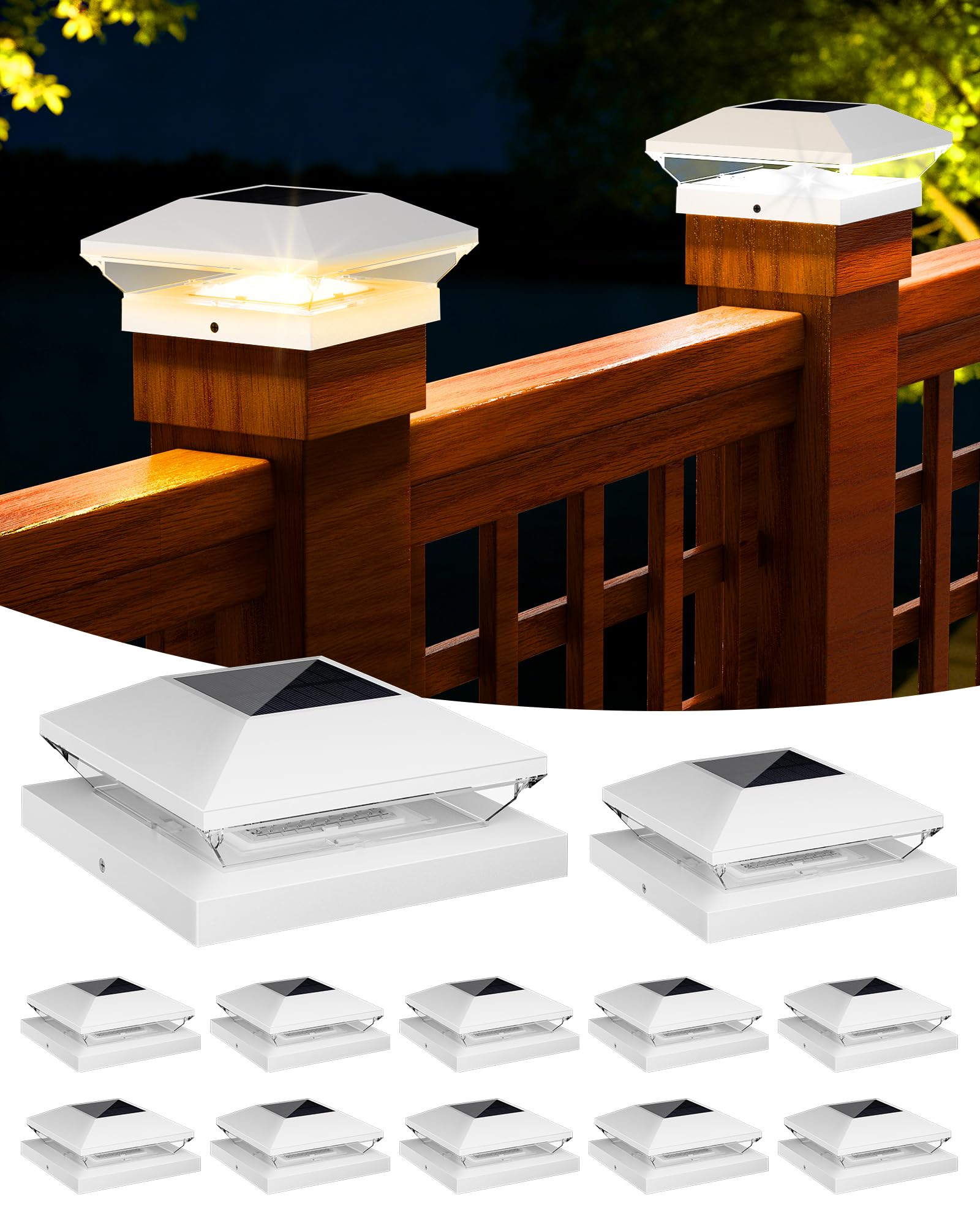 T-SUN Solar Post Cap Lights Outdoor 12 Pack, 2 Modes LED Fence Post Solar Lights Fit for 4x4 5x5 6x6 Vinyl/Wooden Posts, Waterpr