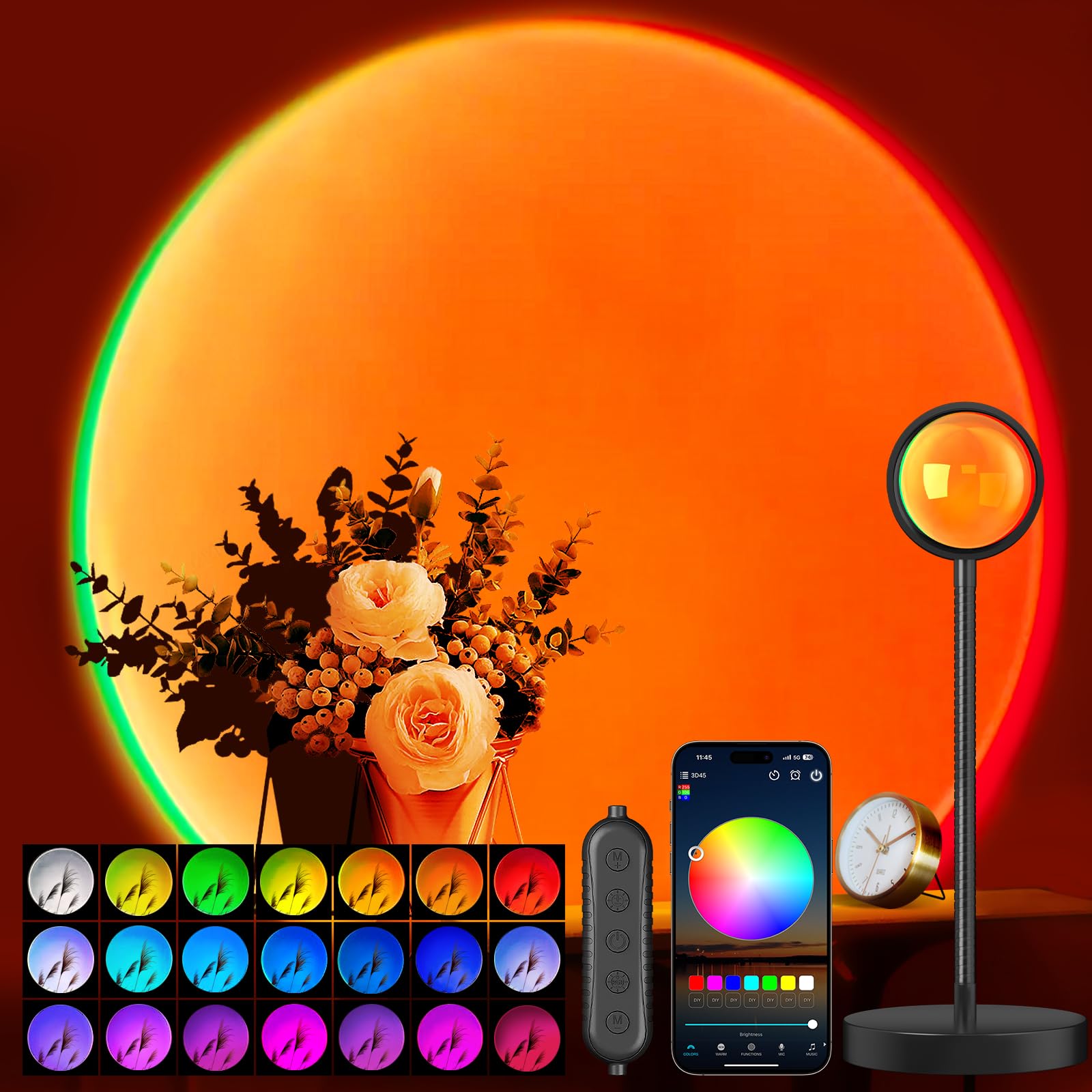 Neroupe Sunset Lamp Projector with APP & Button Control, 360 Degree Rotation Multiple Colors Changing LED Lamp Night Light, Suns