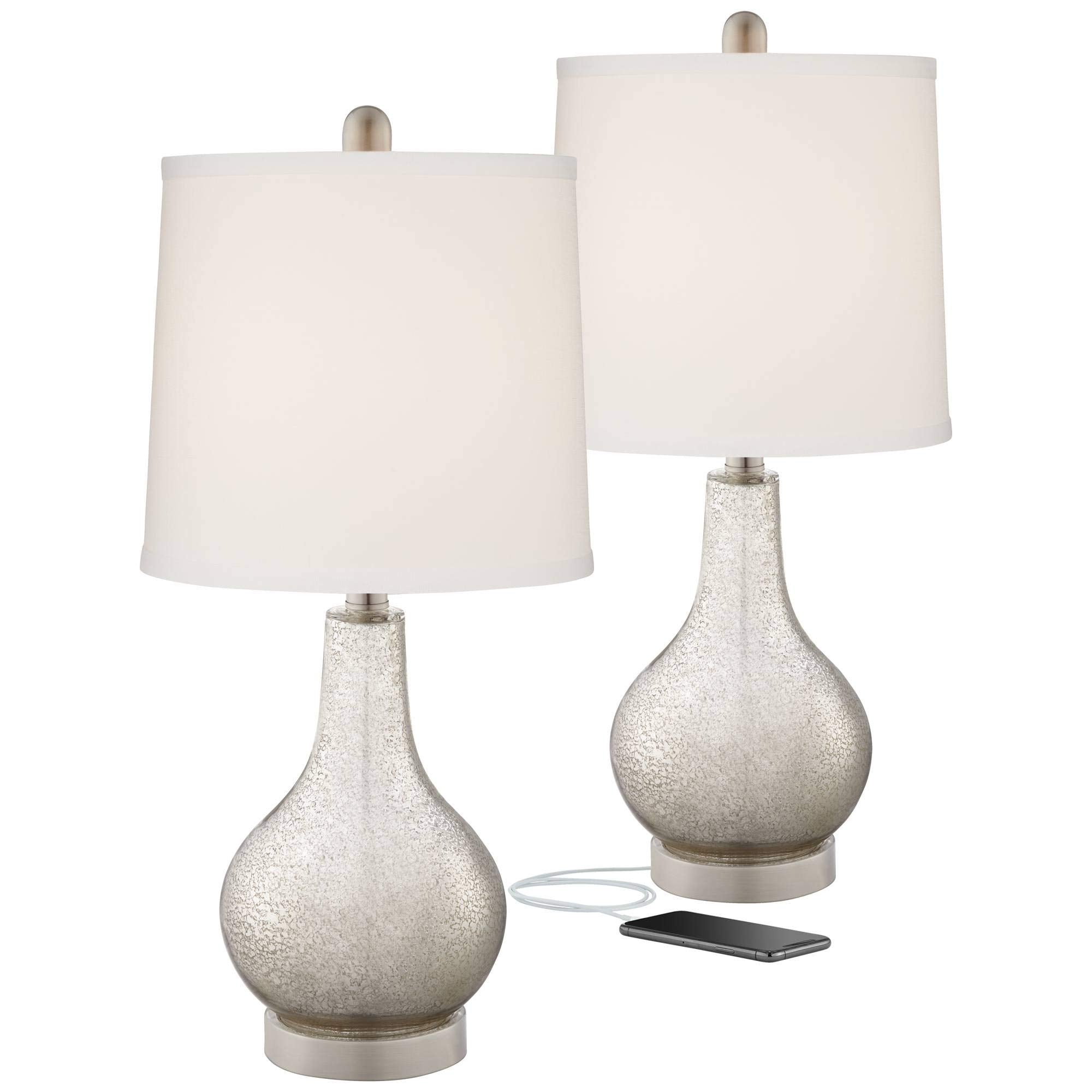 360 Lighting Accent Table Lamps Set of 2 with USB Charging Port, 21.75in High, Mercury Glass, Brushed Nickel, Model 23X82